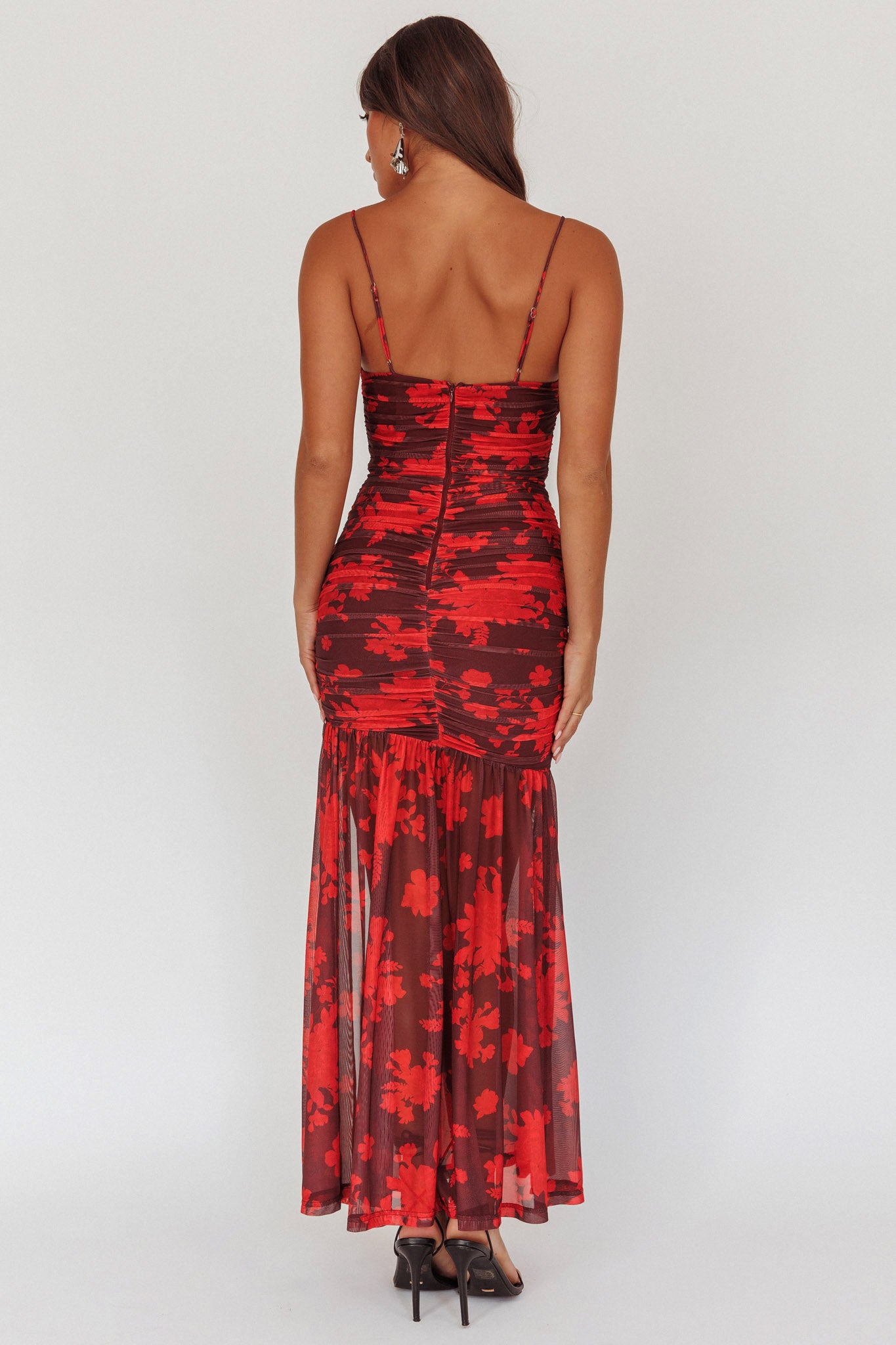 red dress with black mesh Stole The Show Ruched Mesh Maxi Dress Floral Red