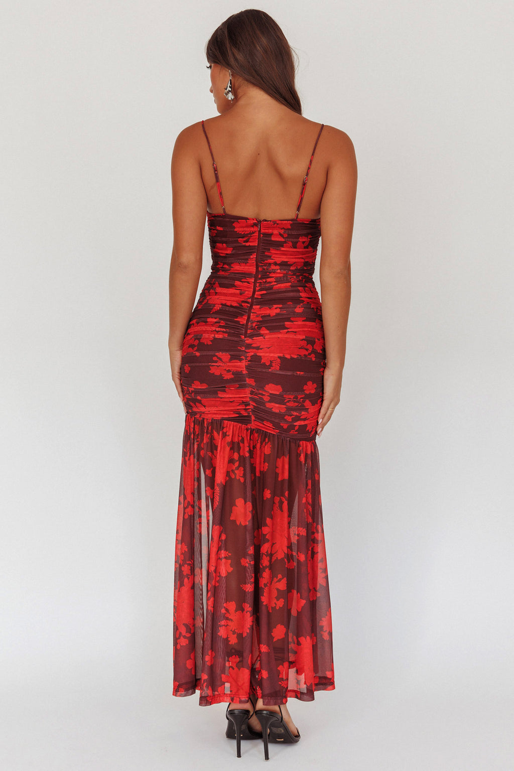Stole The Show Ruched Mesh Maxi Dress Floral Red by Selfie Leslie