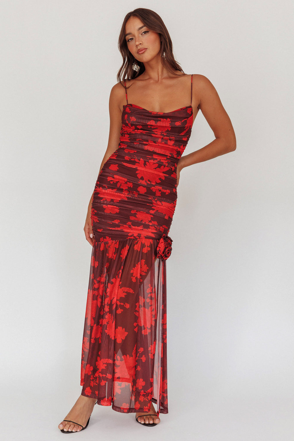 Stole The Show Ruched Mesh Maxi Dress Floral Red by Selfie Leslie