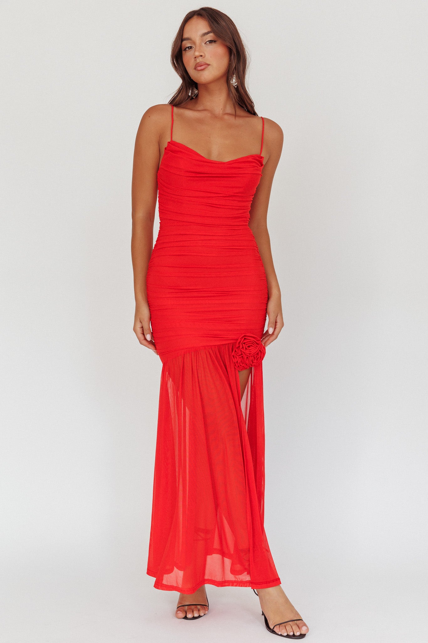 Stole The Show Ruched Mesh Maxi Dress Red by Selfie Leslie