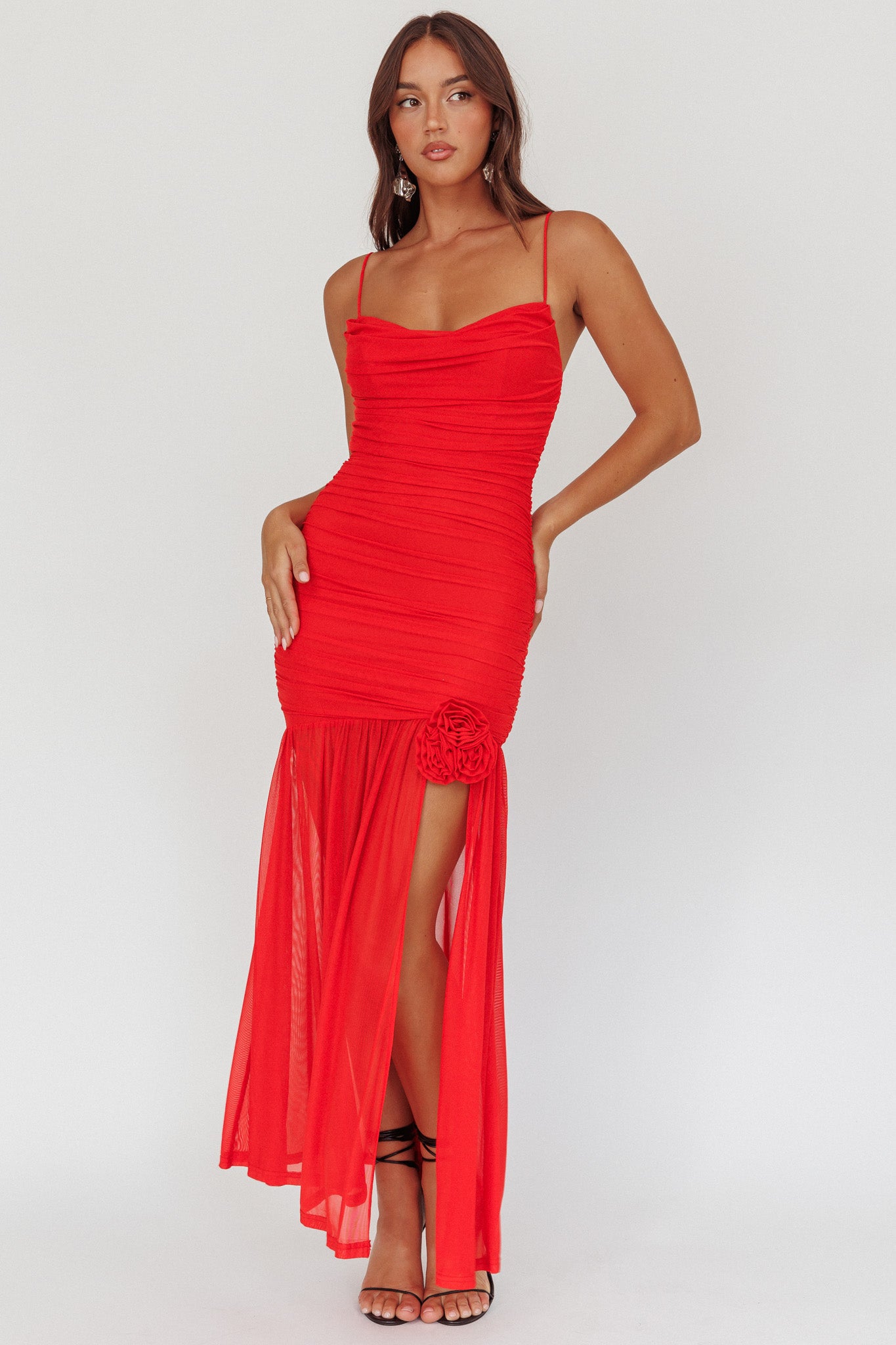 Stole The Show Ruched Mesh Maxi Dress Red by Selfie Leslie