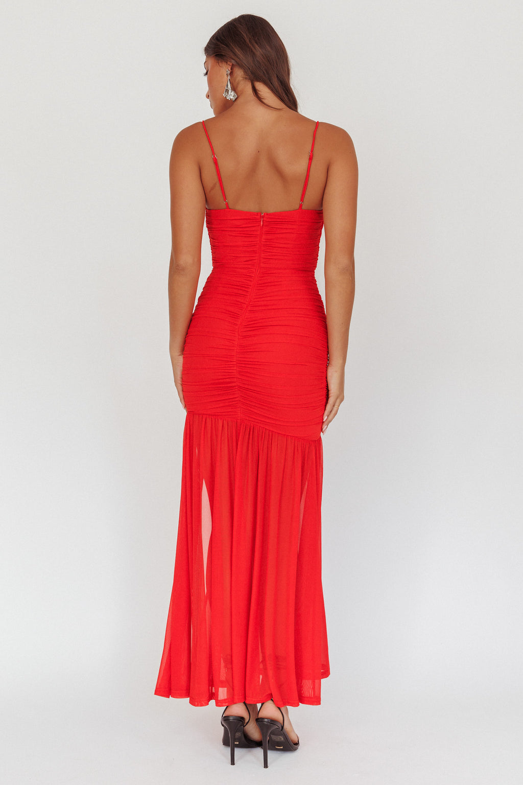 Stole The Show Ruched Mesh Maxi Dress Red by Selfie Leslie