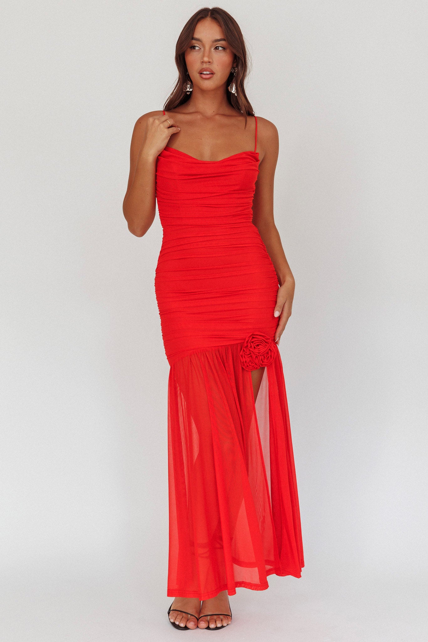 Stole The Show Ruched Mesh Maxi Dress Red by Selfie Leslie