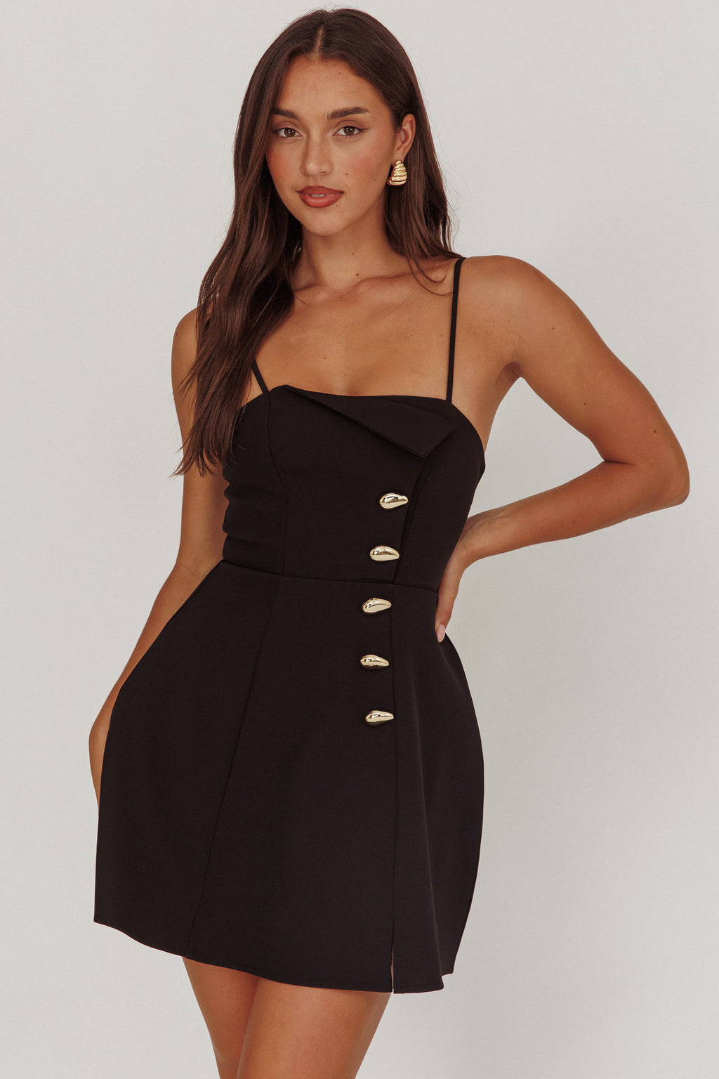 Captivated Button Feature Mini Dress Black by Selfie Leslie