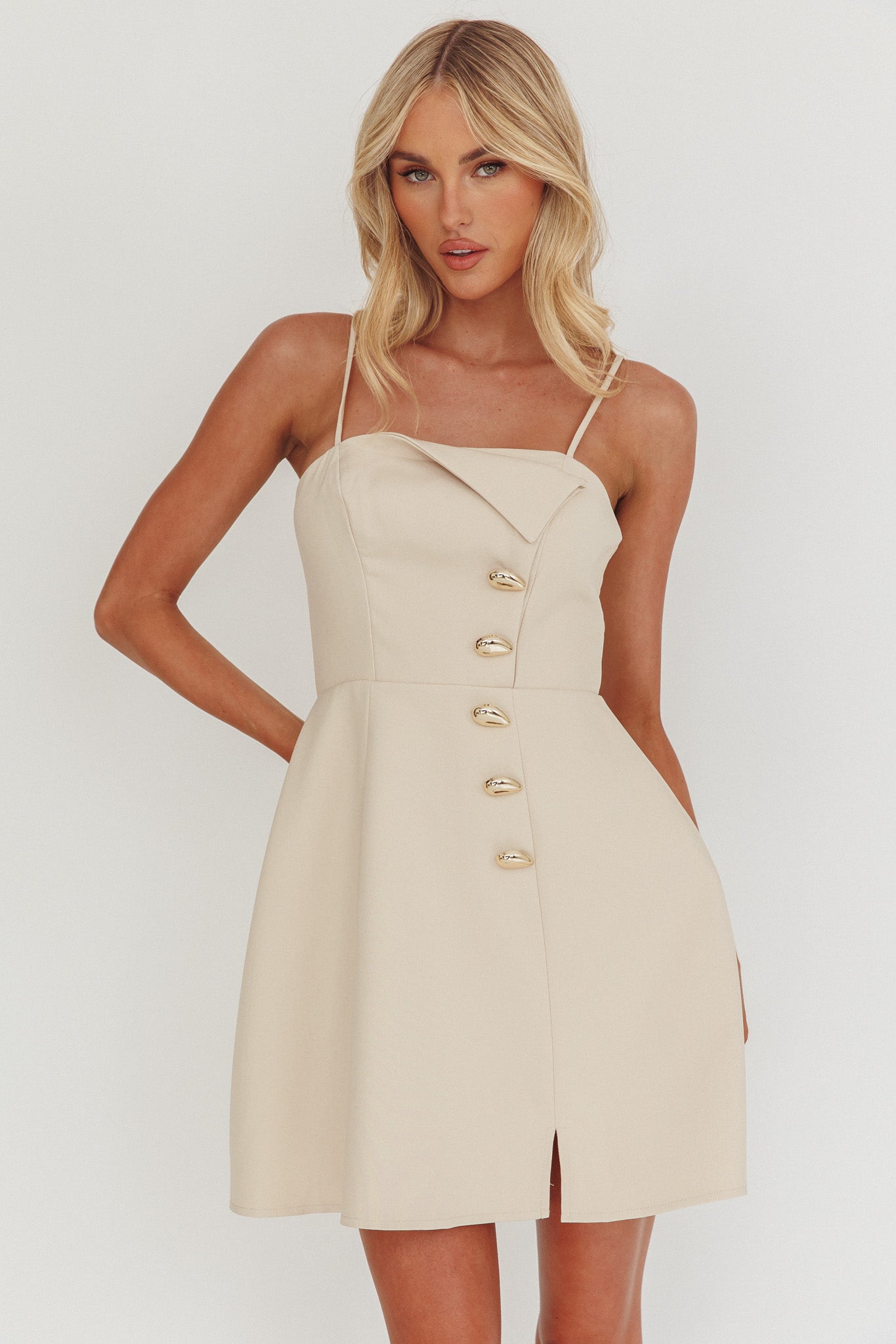 Captivated Button Feature Mini Dress Stone by Selfie Leslie