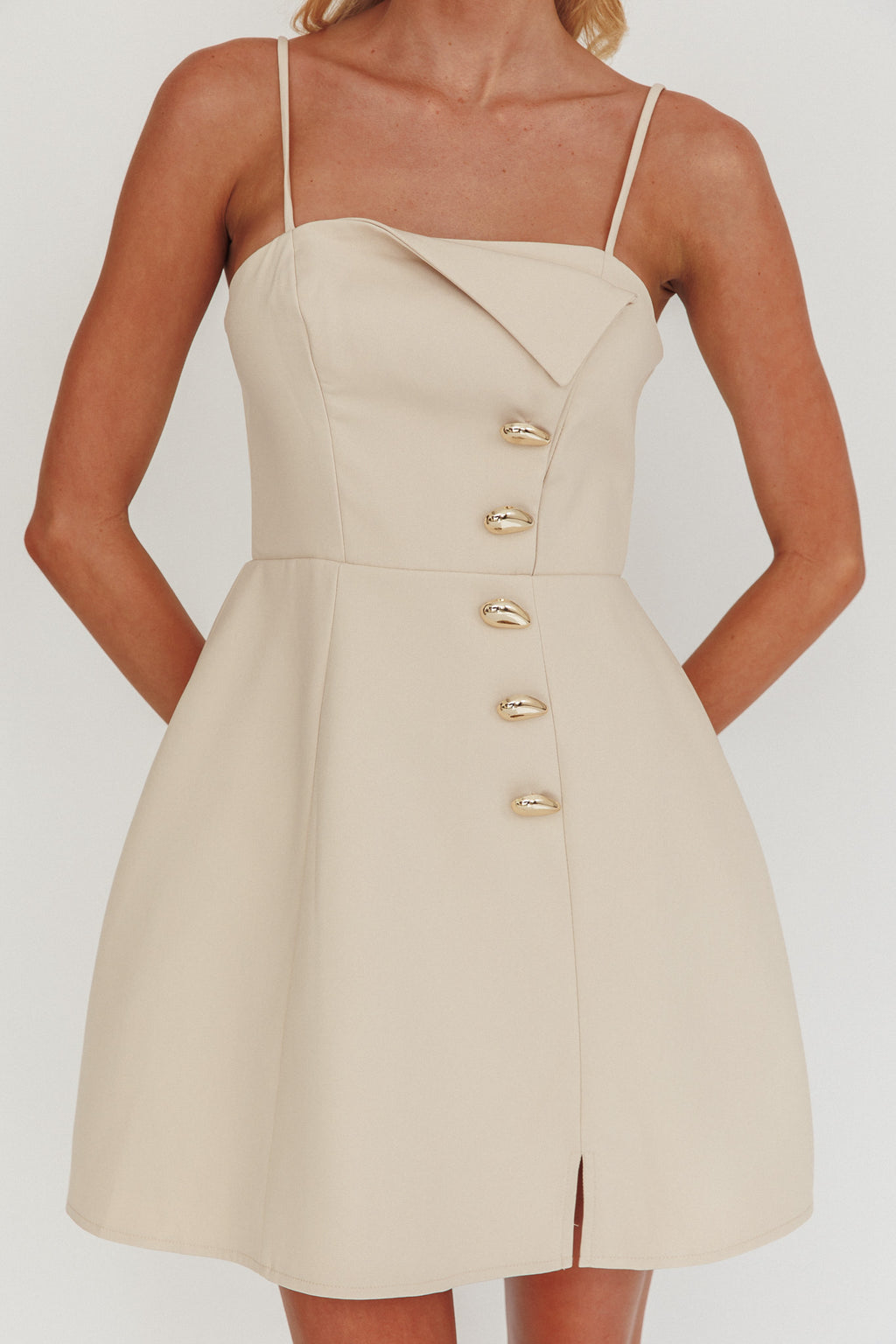 Captivated Button Feature Mini Dress Stone by Selfie Leslie
