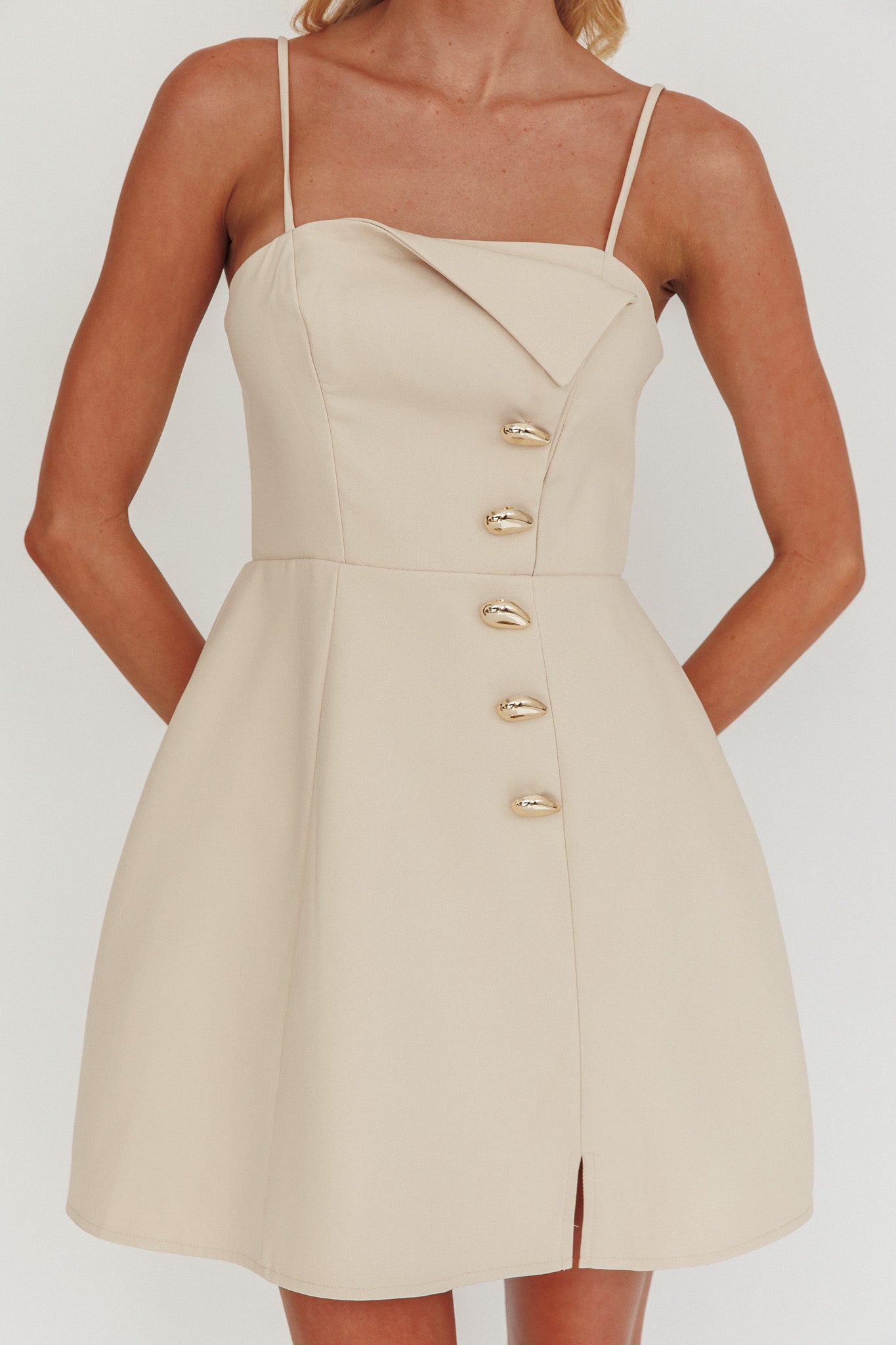 Captivated Button Feature Mini Dress Stone by Selfie Leslie