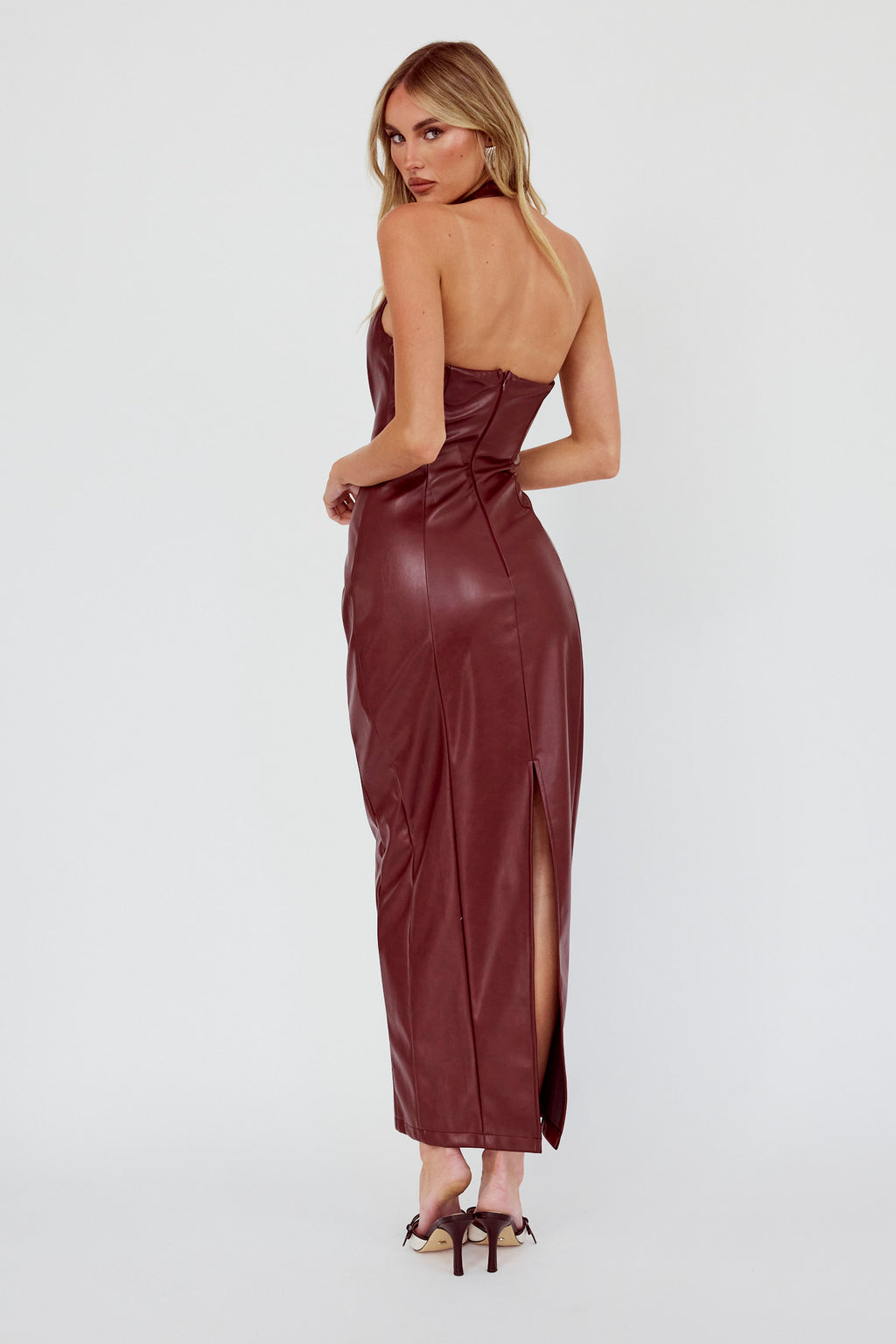Marella Halterneck Faux Leather Maxi Dress Wine by Selfie Leslie