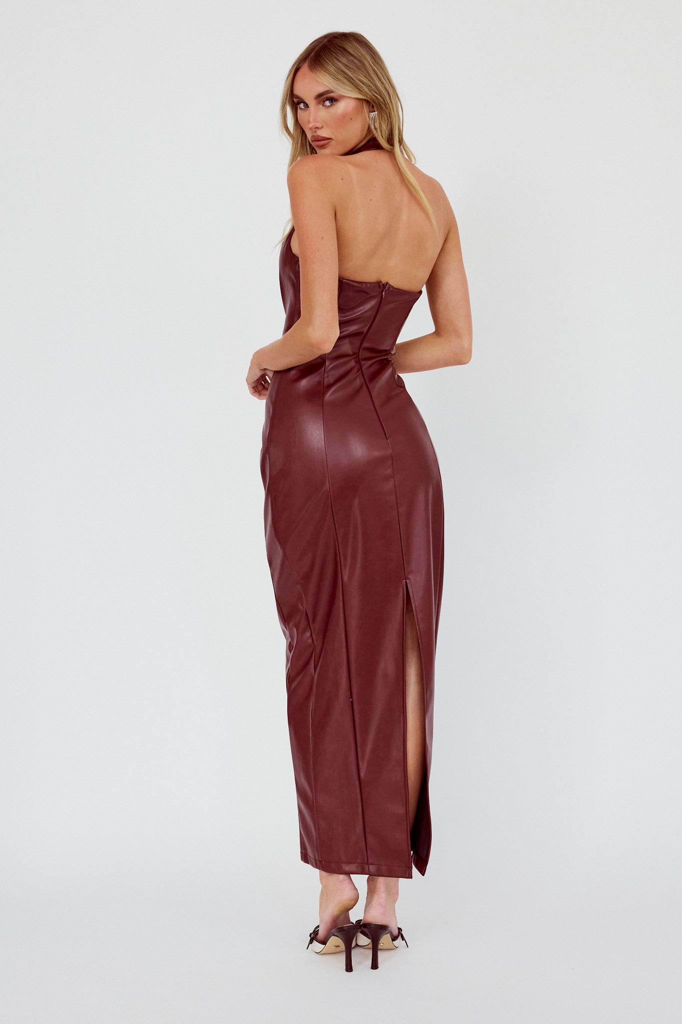 Marella Halterneck Faux Leather Maxi Dress Wine by Selfie Leslie