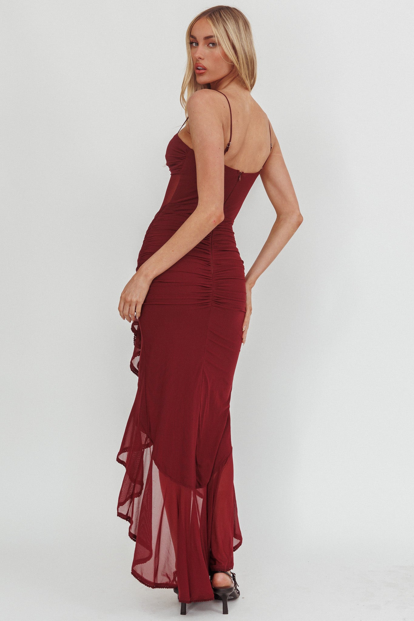 sheer ruffled maxi dress Careless Whisper Sheer Ruffled Chiffon Maxi Dress