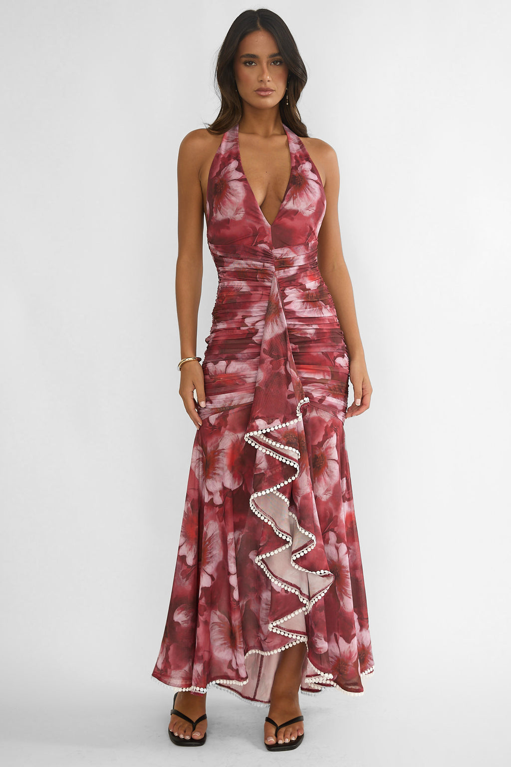 Kamilah Ruched Ruffle Maxi Dress Floral Red by Selfie Leslie