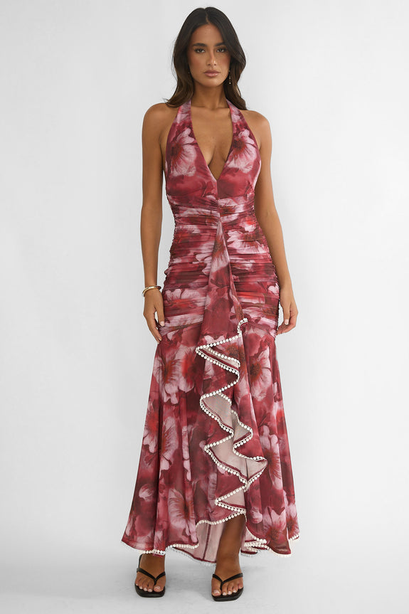 Kamilah Ruched Ruffle Maxi Dress Floral Red