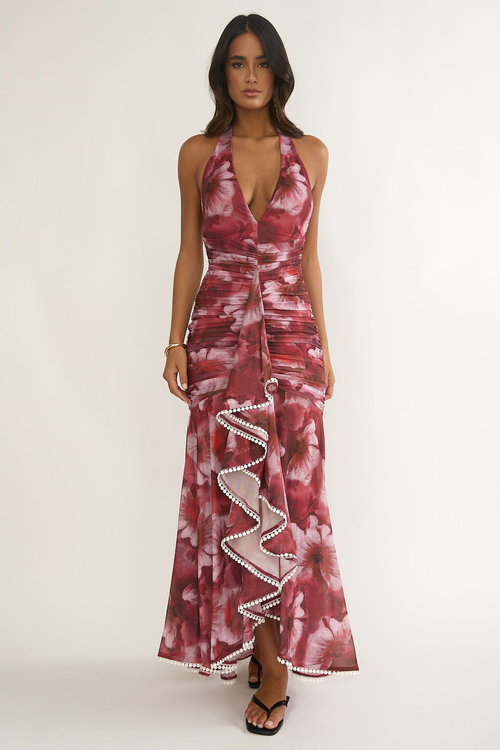 Kamilah Ruched Ruffle Maxi Dress Floral Red by Selfie Leslie