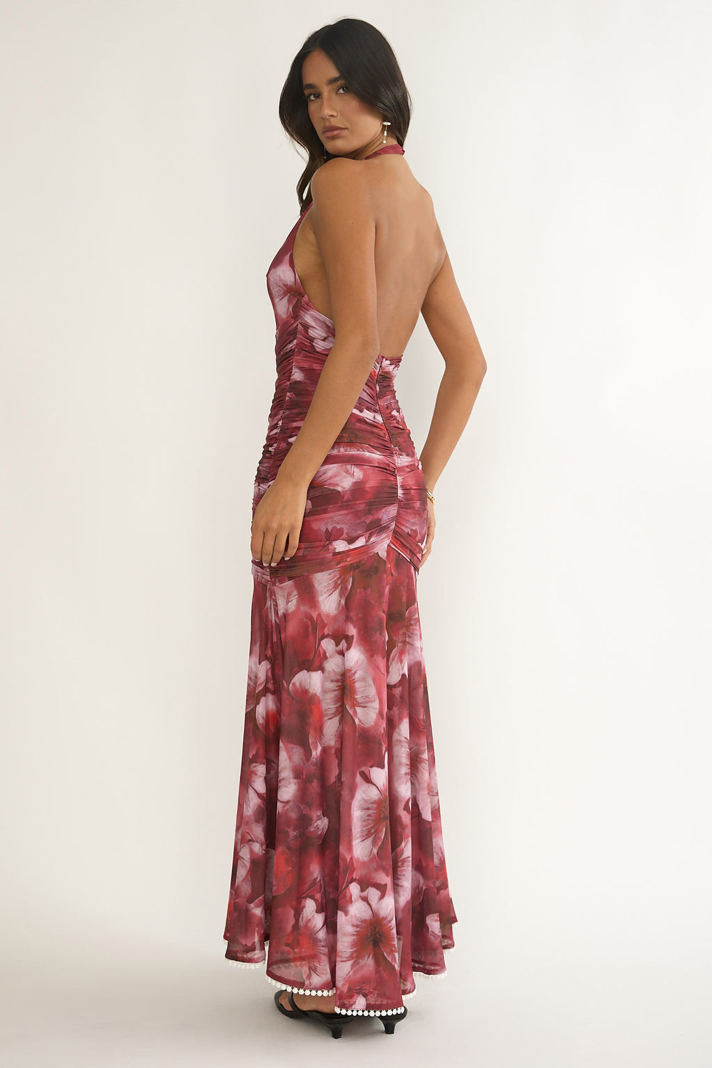 Kamilah Ruched Ruffle Maxi Dress Floral Red by Selfie Leslie