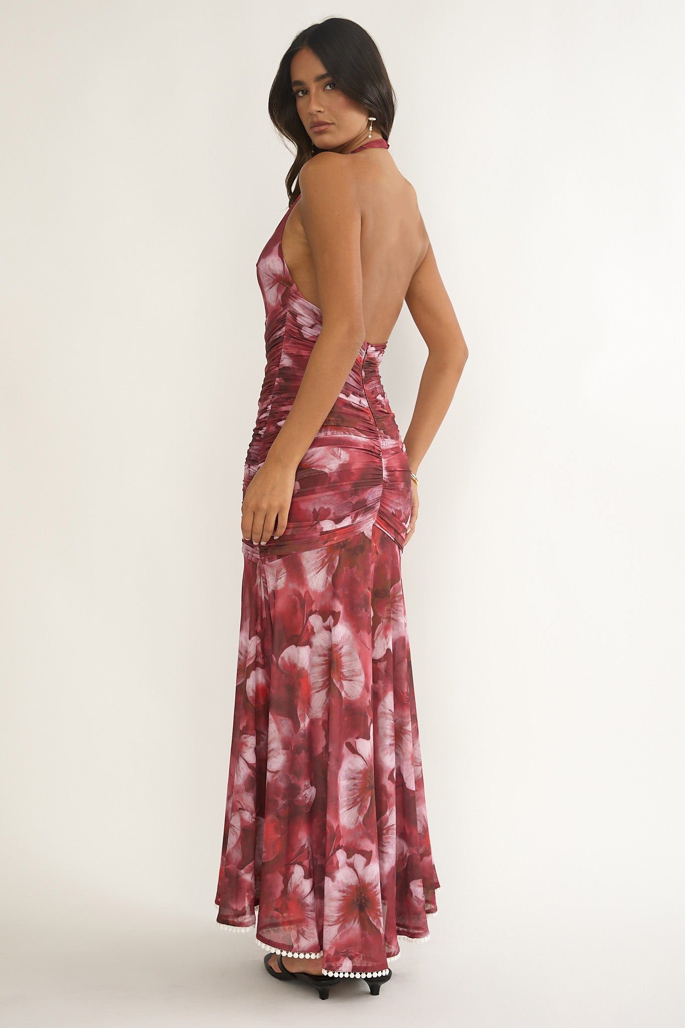 Kamilah Ruched Ruffle Maxi Dress Floral Red by Selfie Leslie