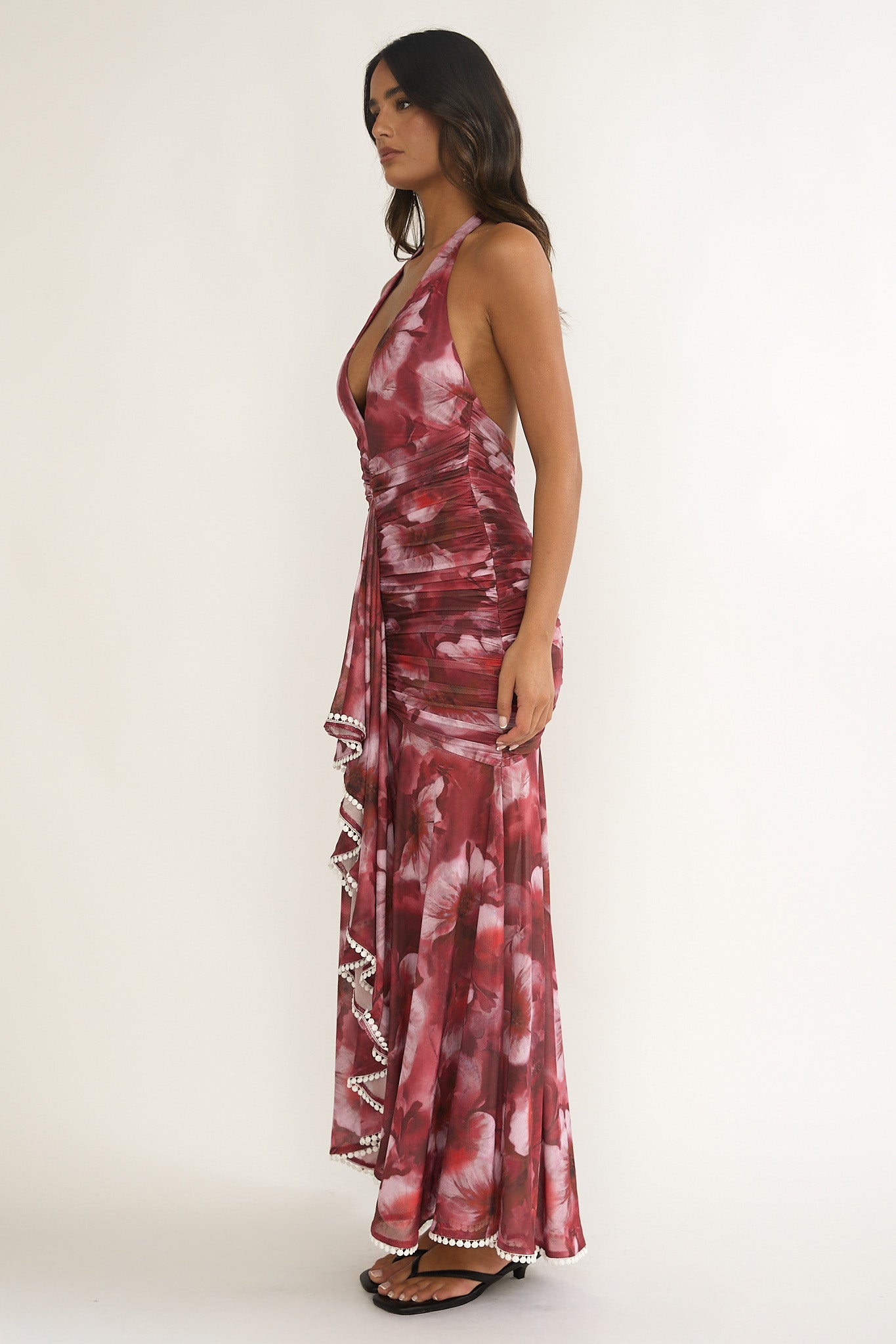 Kamilah Ruched Ruffle Maxi Dress Floral Red by Selfie Leslie