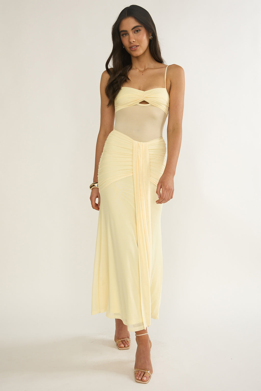 yellow ruched dress Kamilah Ruched Sheer Waist Maxi Dress Yellow