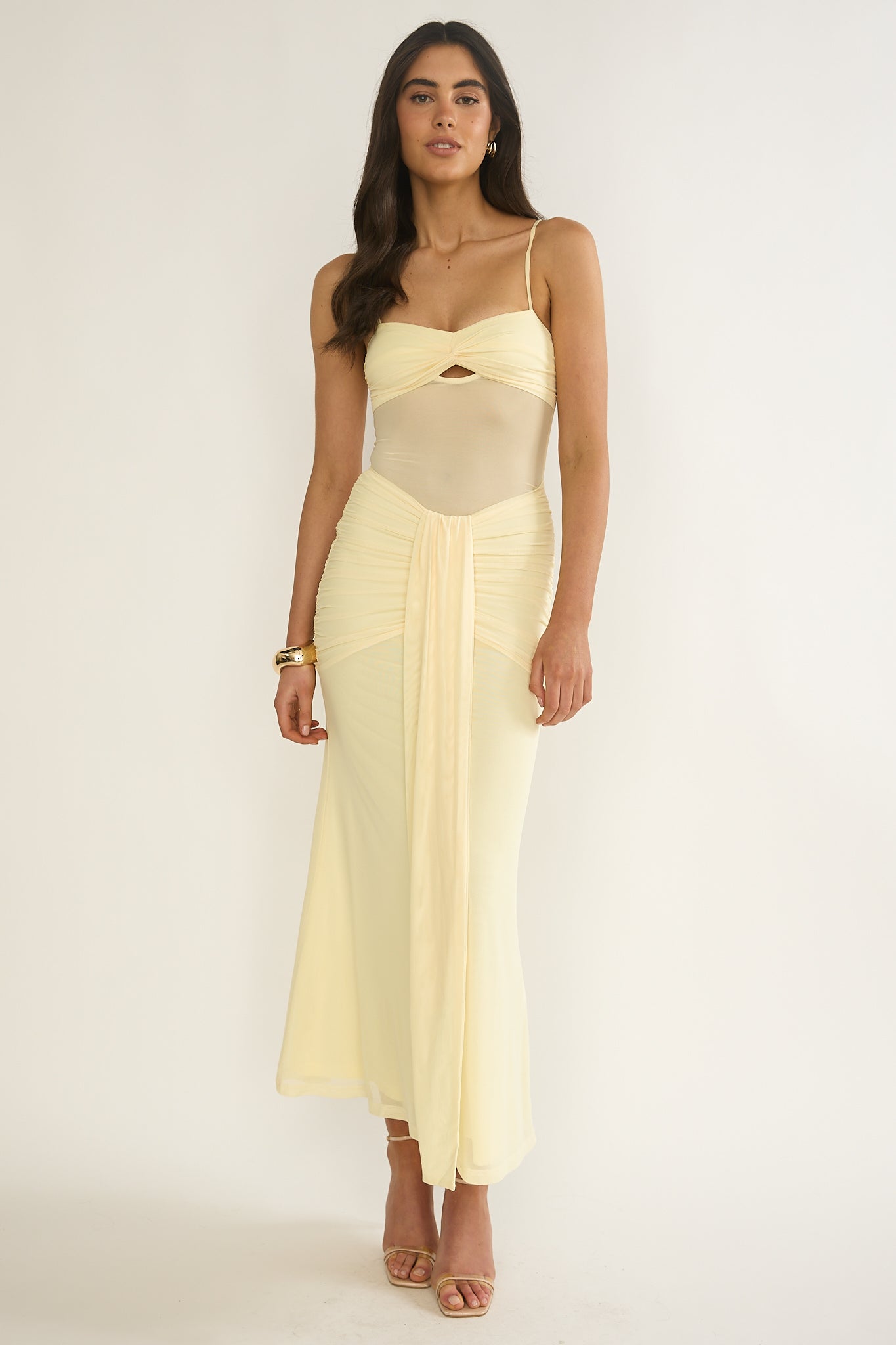 Kamilah Ruched Sheer Waist Maxi Dress Yellow - M