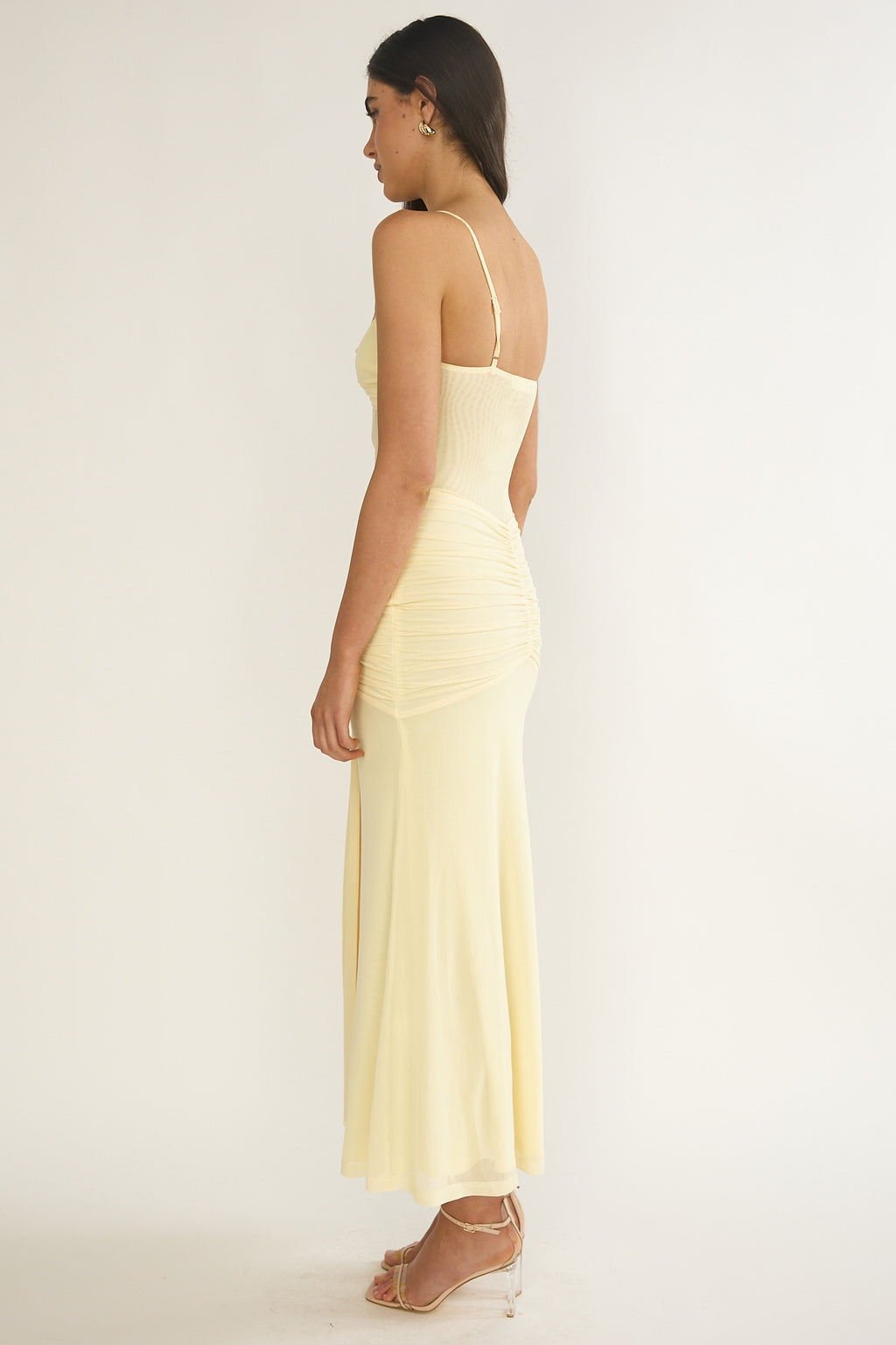 Kamilah Ruched Sheer Waist Maxi Dress Yellow by Selfie Leslie