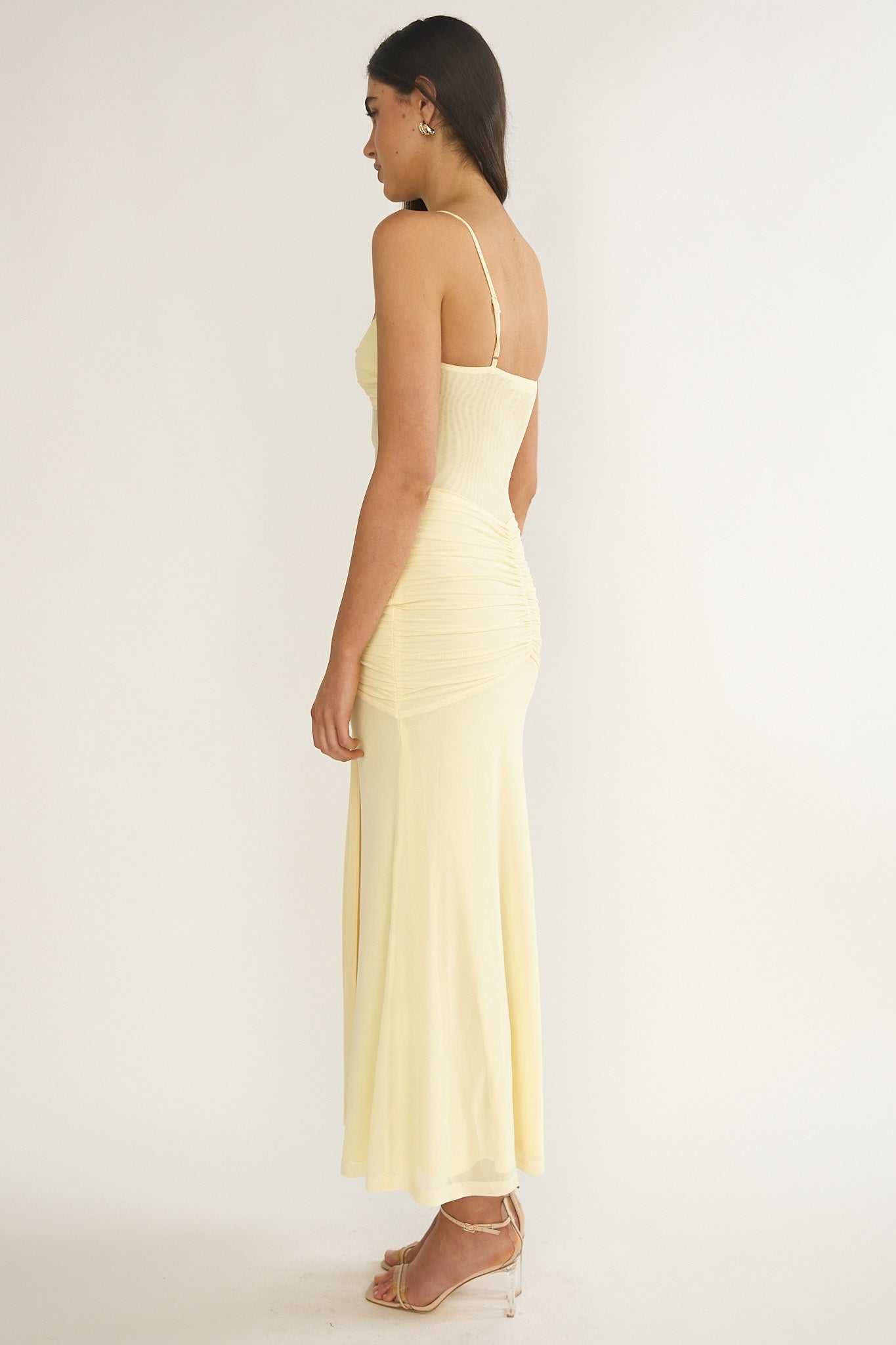 Kamilah Ruched Sheer Waist Maxi Dress Yellow by Selfie Leslie