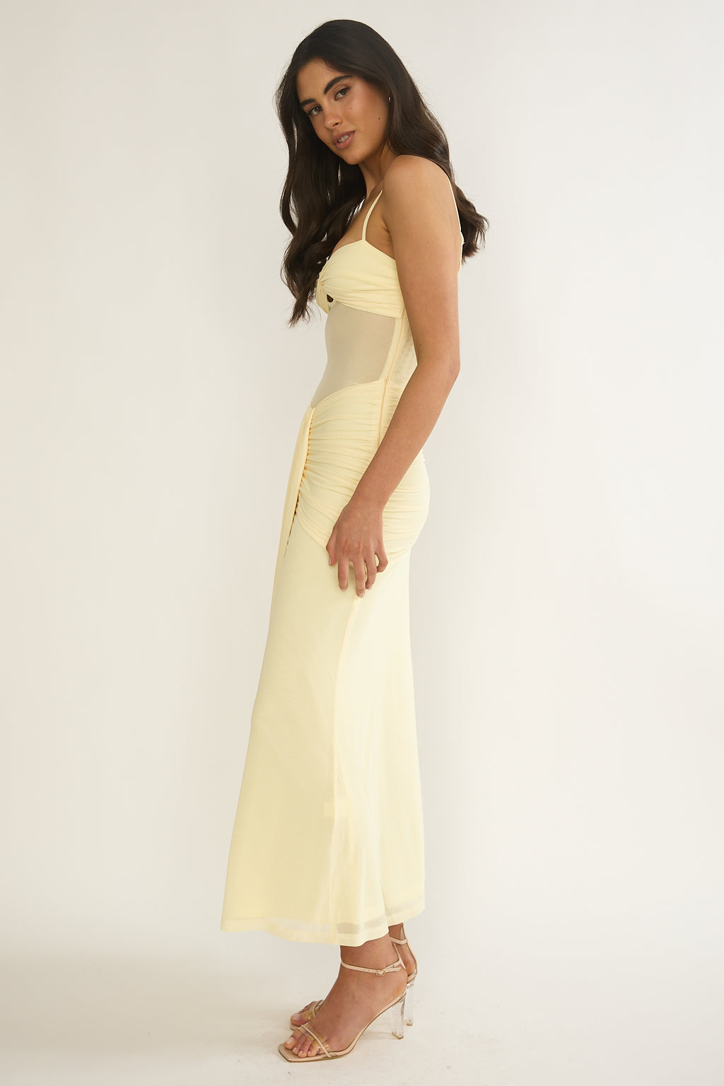 Kamilah Ruched Sheer Waist Maxi Dress Yellow by Selfie Leslie