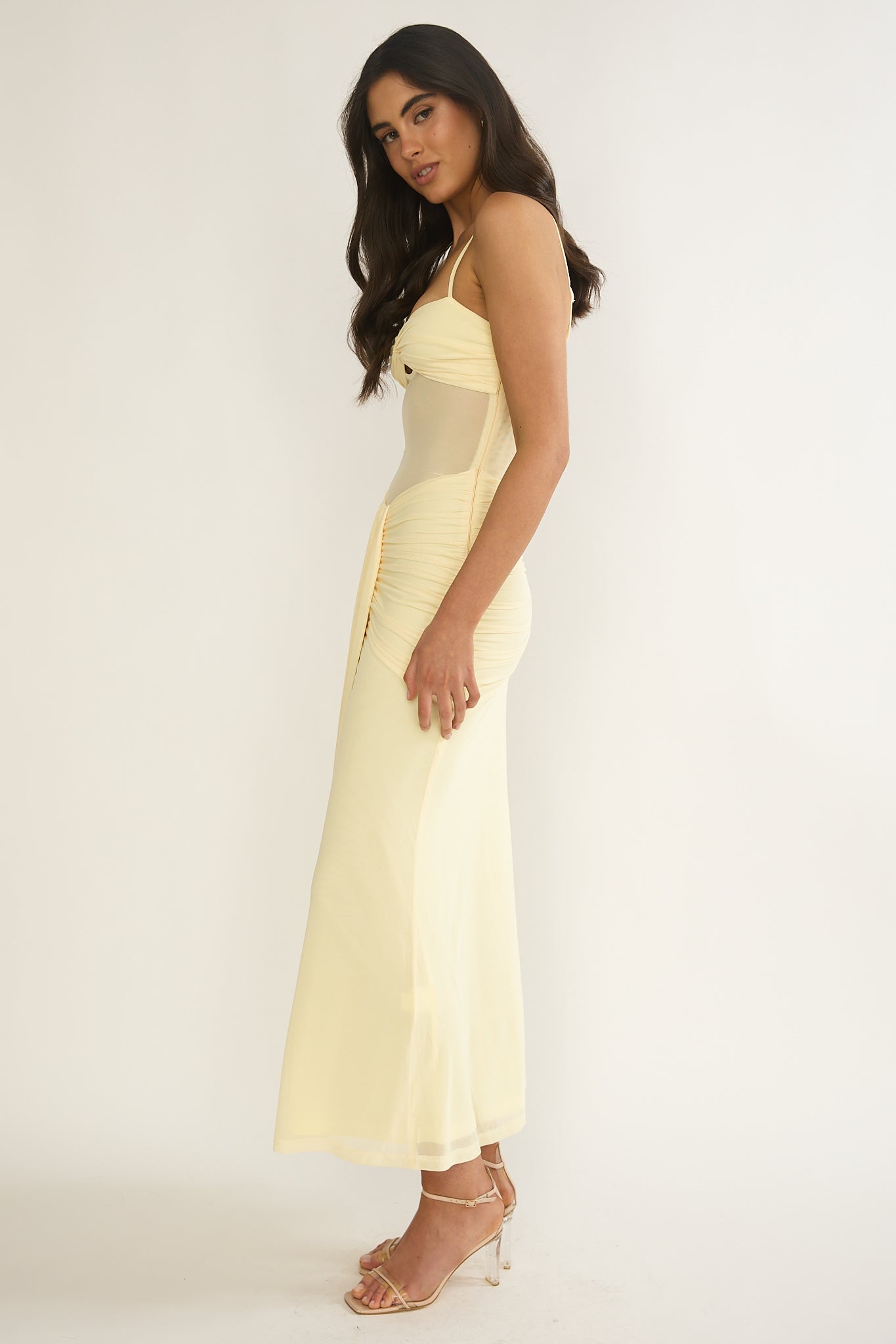 Kamilah Ruched Sheer Waist Maxi Dress Yellow by Selfie Leslie