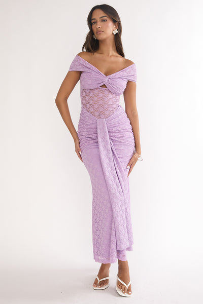 Shop the Kamilah Ruched Lace Maxi Dress Lilac