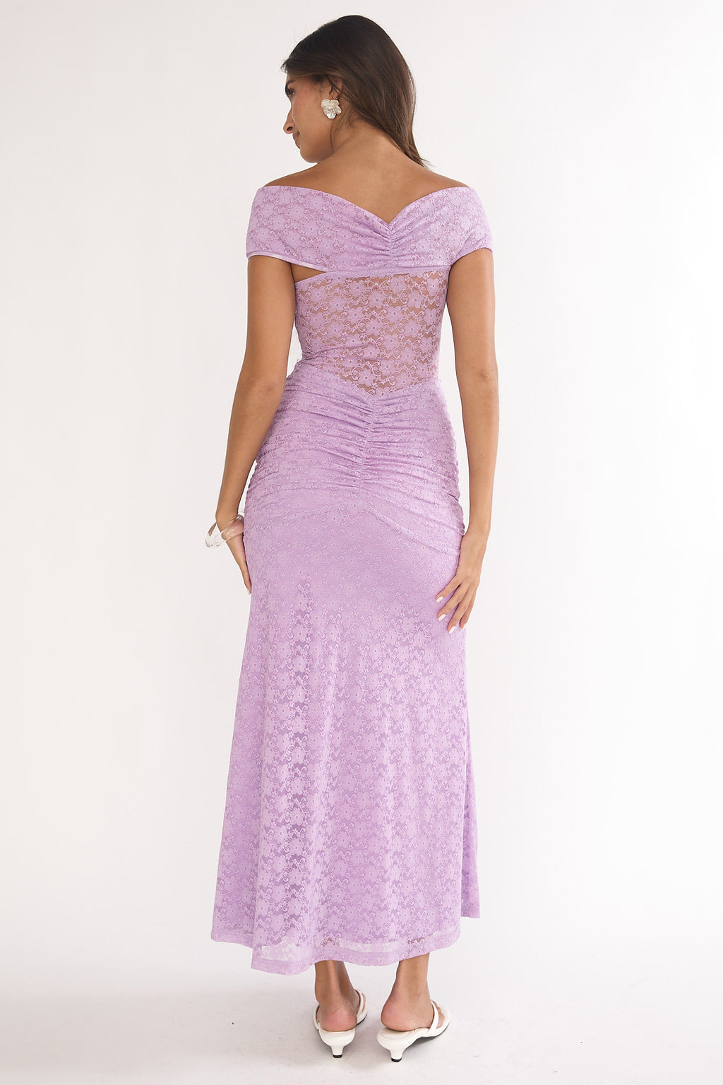 Kamilah Ruched Lace Maxi Dress Lilac by Selfie Leslie