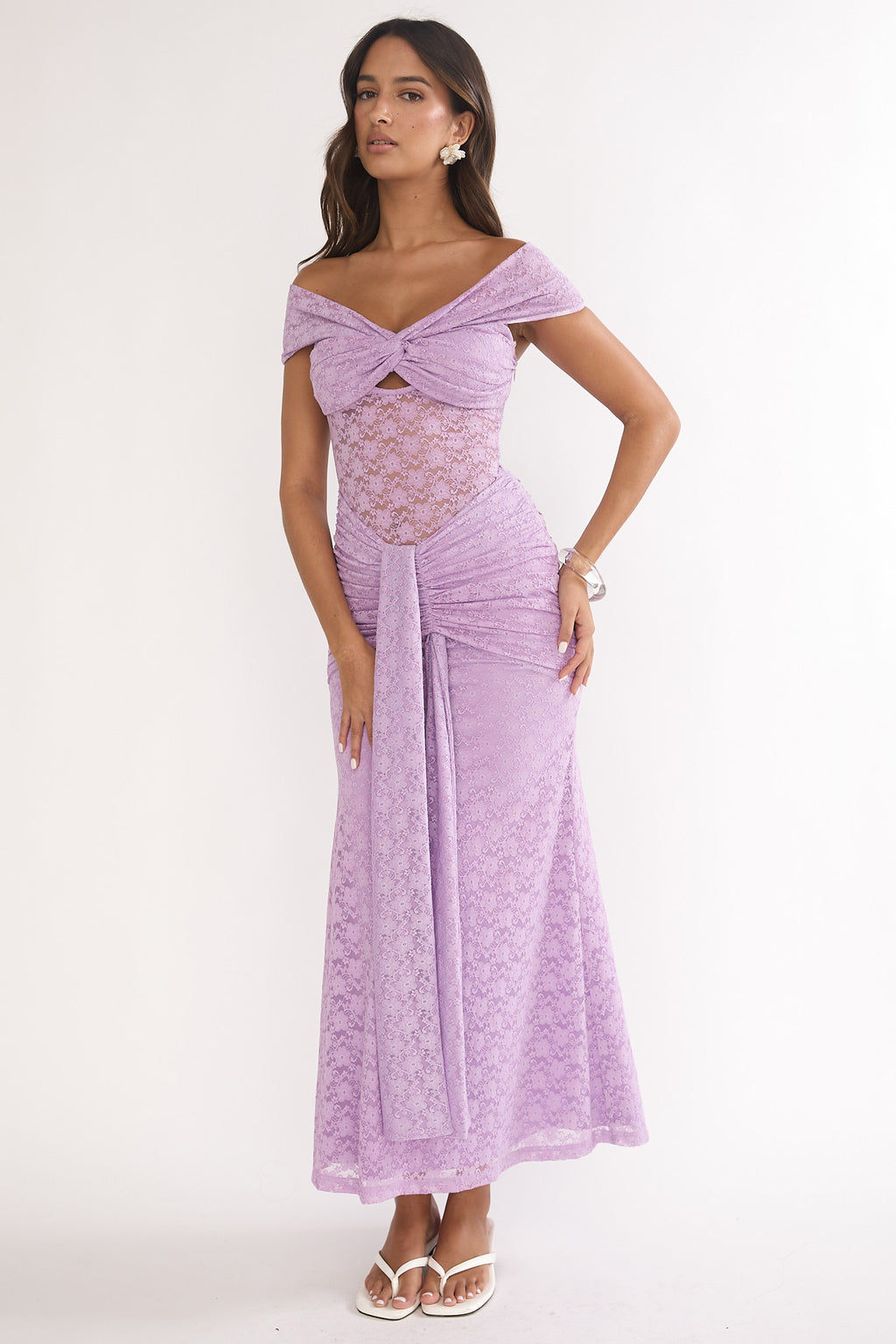 Kamilah Ruched Lace Maxi Dress Lilac by Selfie Leslie