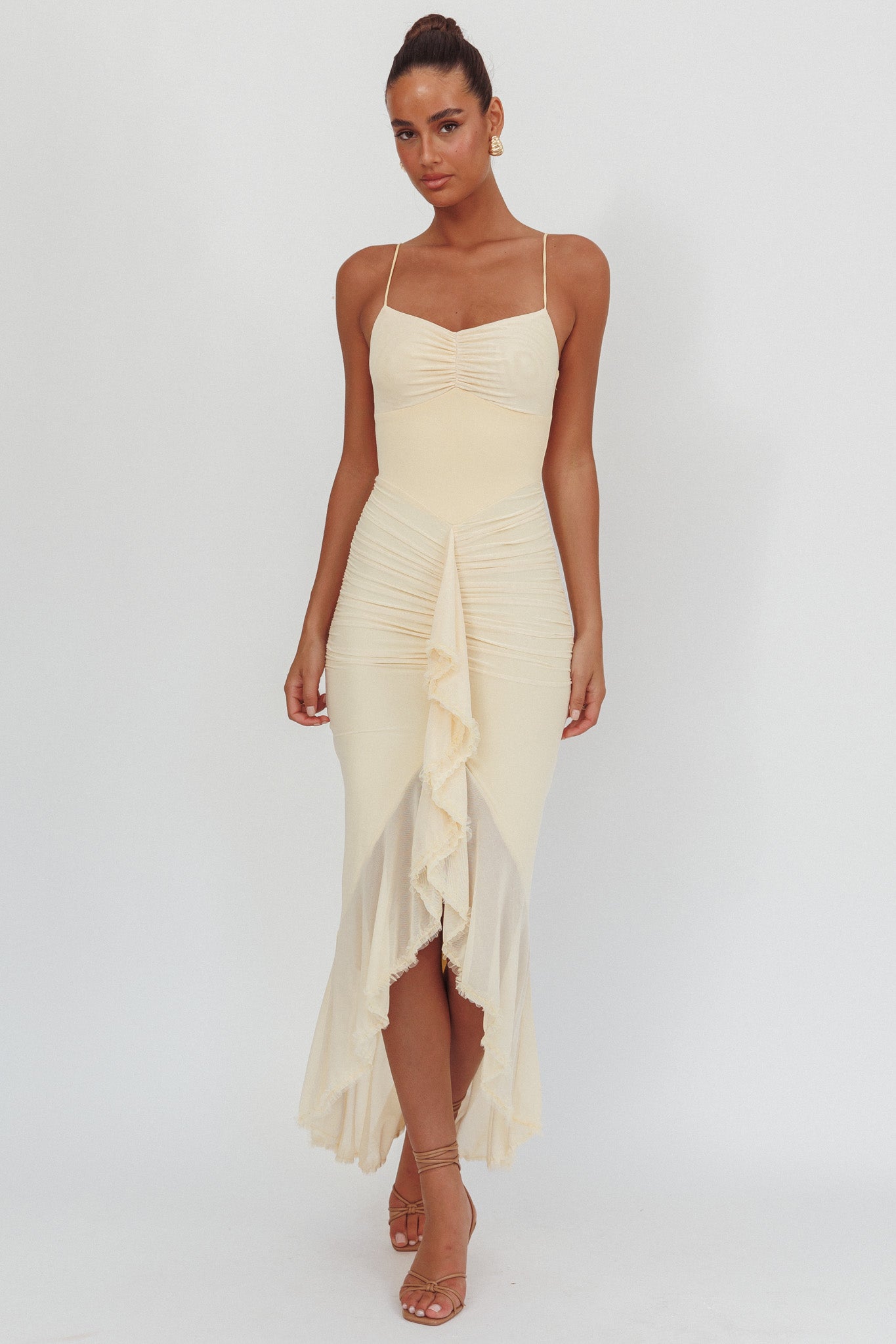 Shop the Kamilah Gathered Cascading Ruffle Midi Dress Butter