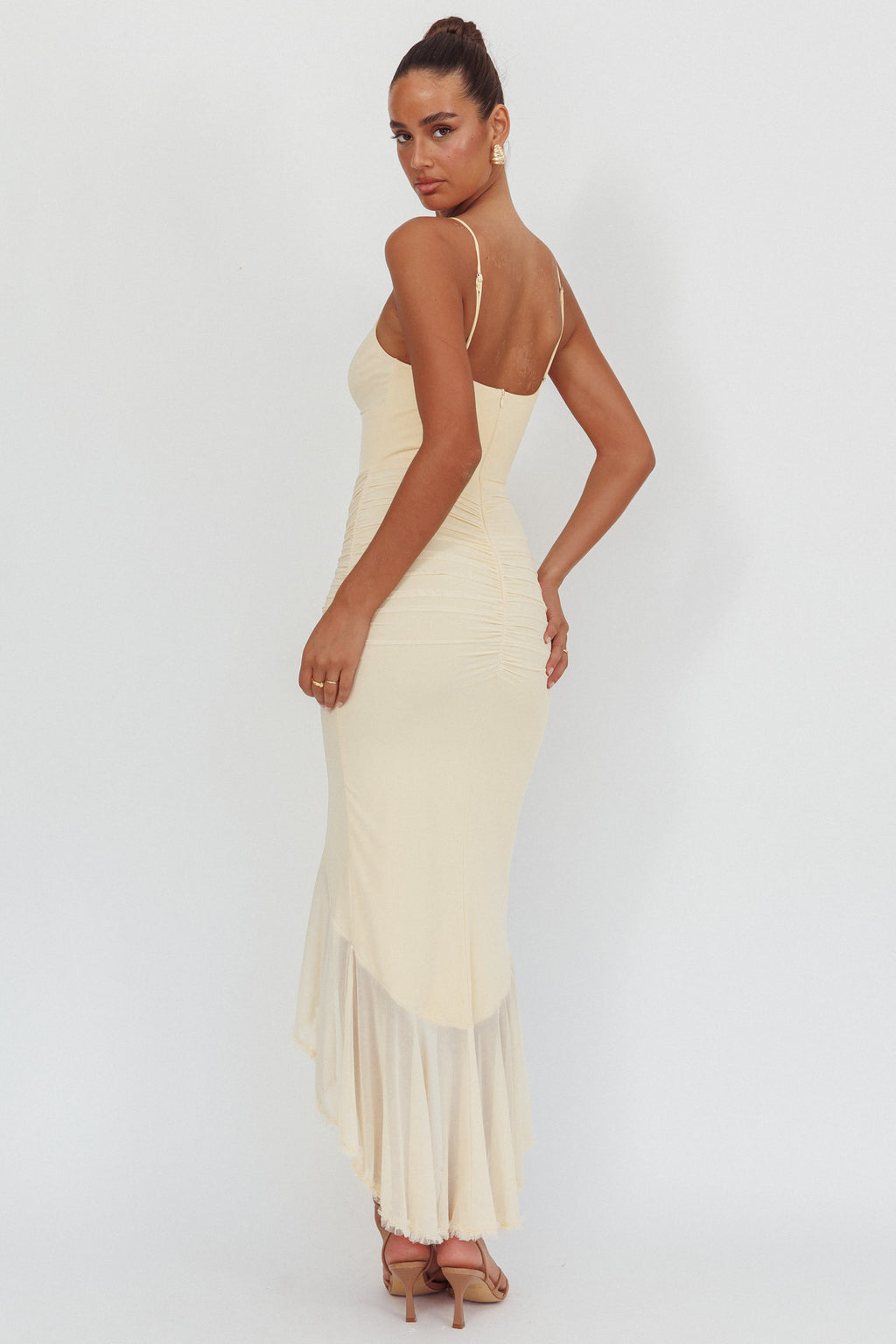 Kamilah Gathered Cascading Ruffle Midi Dress Butter by Selfie Leslie