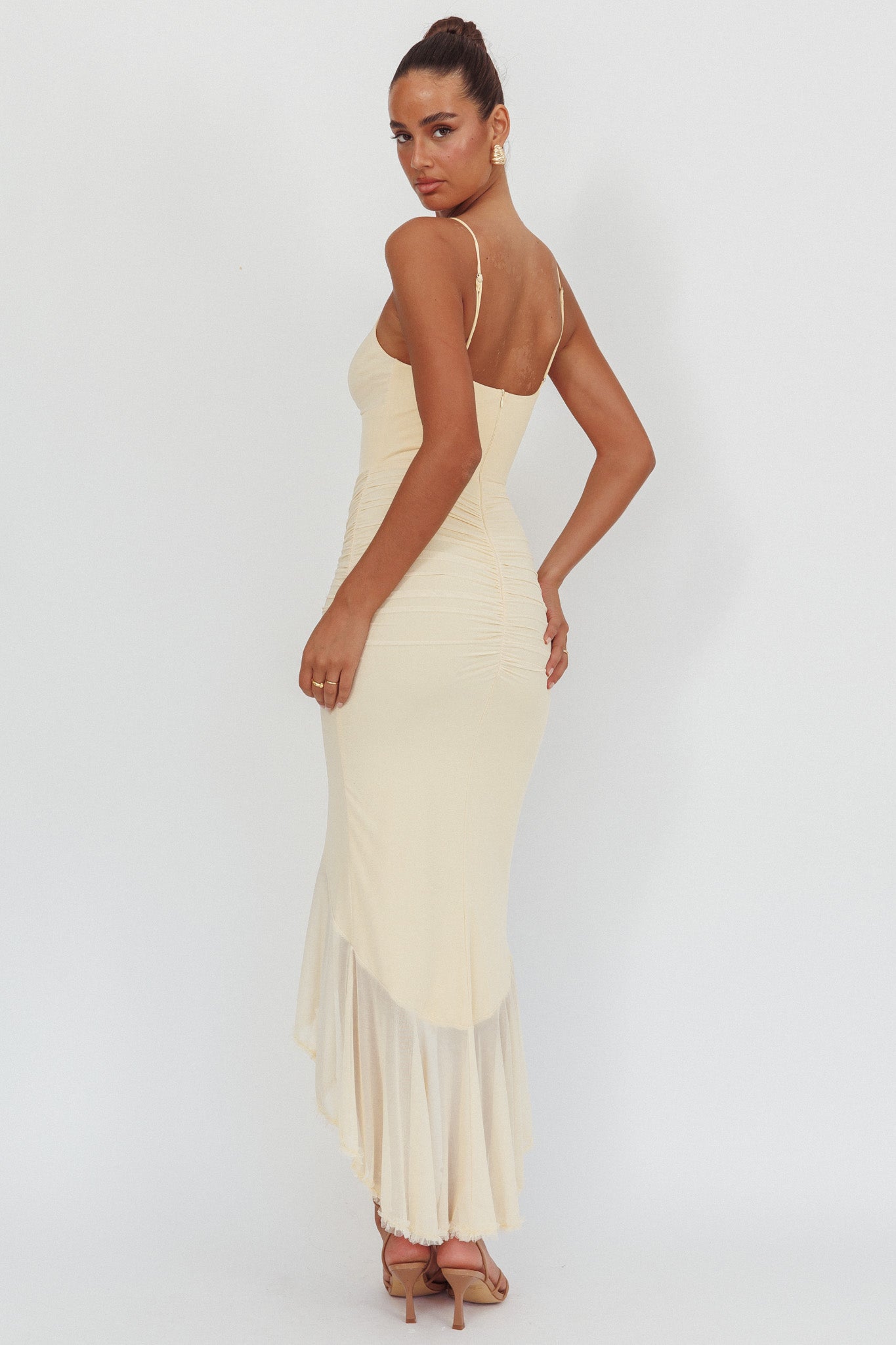 Kamilah Gathered Cascading Ruffle Midi Dress Butter by Selfie Leslie