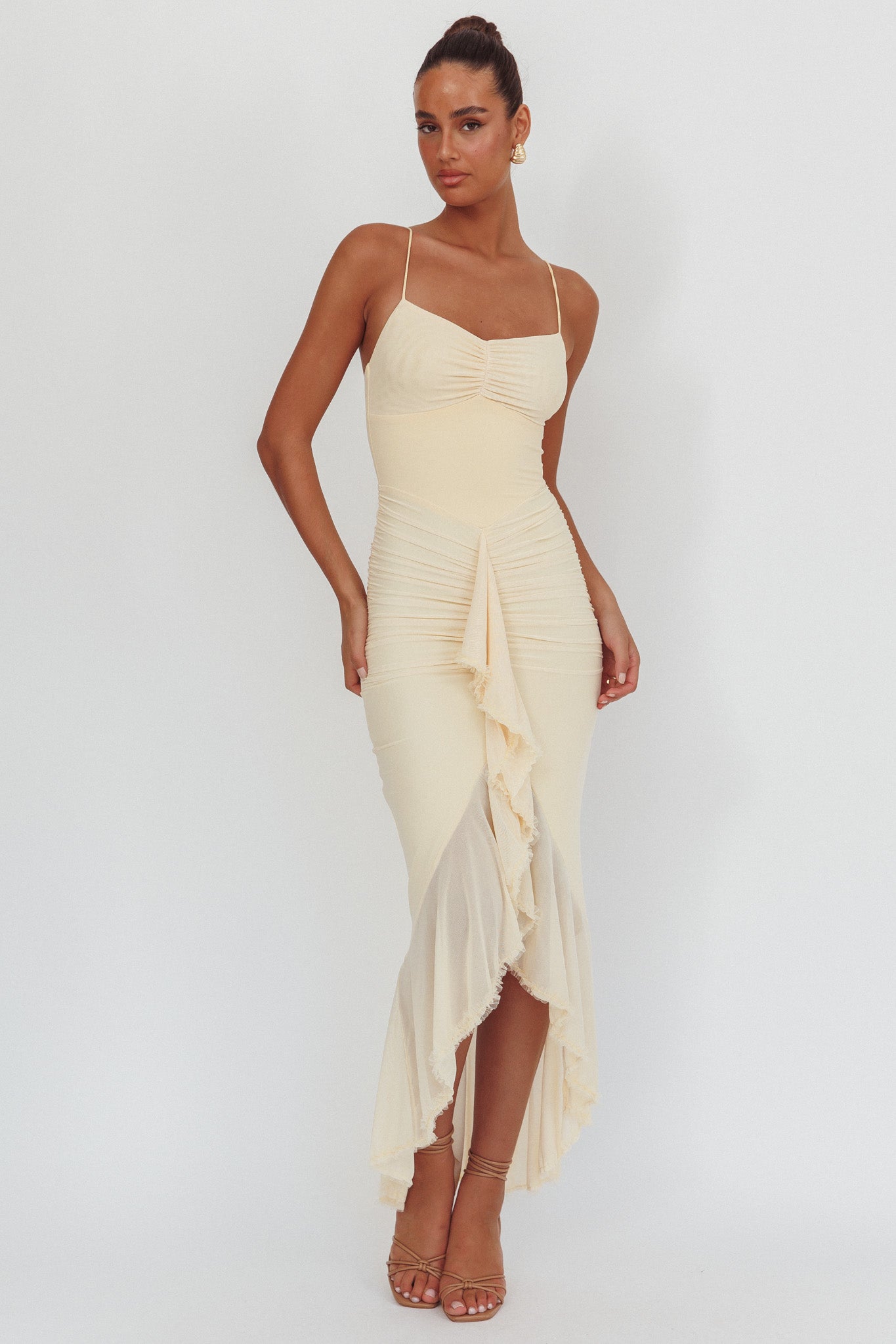 Kamilah Gathered Cascading Ruffle Midi Dress Butter by Selfie Leslie