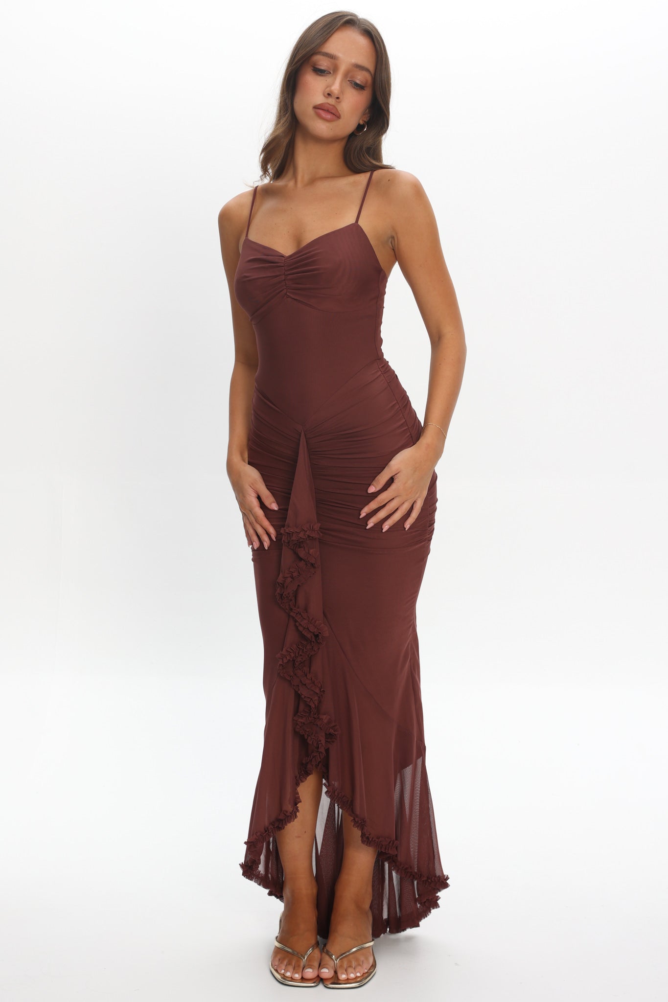 Kamilah Gathered Cascading Ruffle Midi Dress Maroon