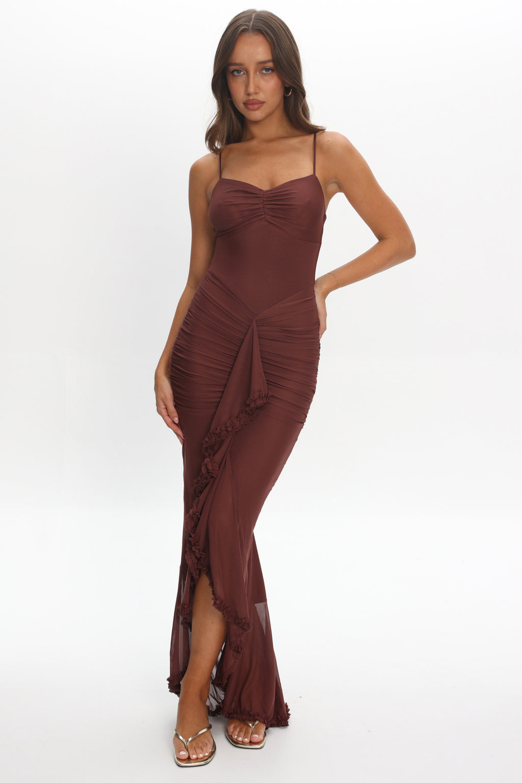 Kamilah Gathered Cascading Ruffle Midi Dress Maroon