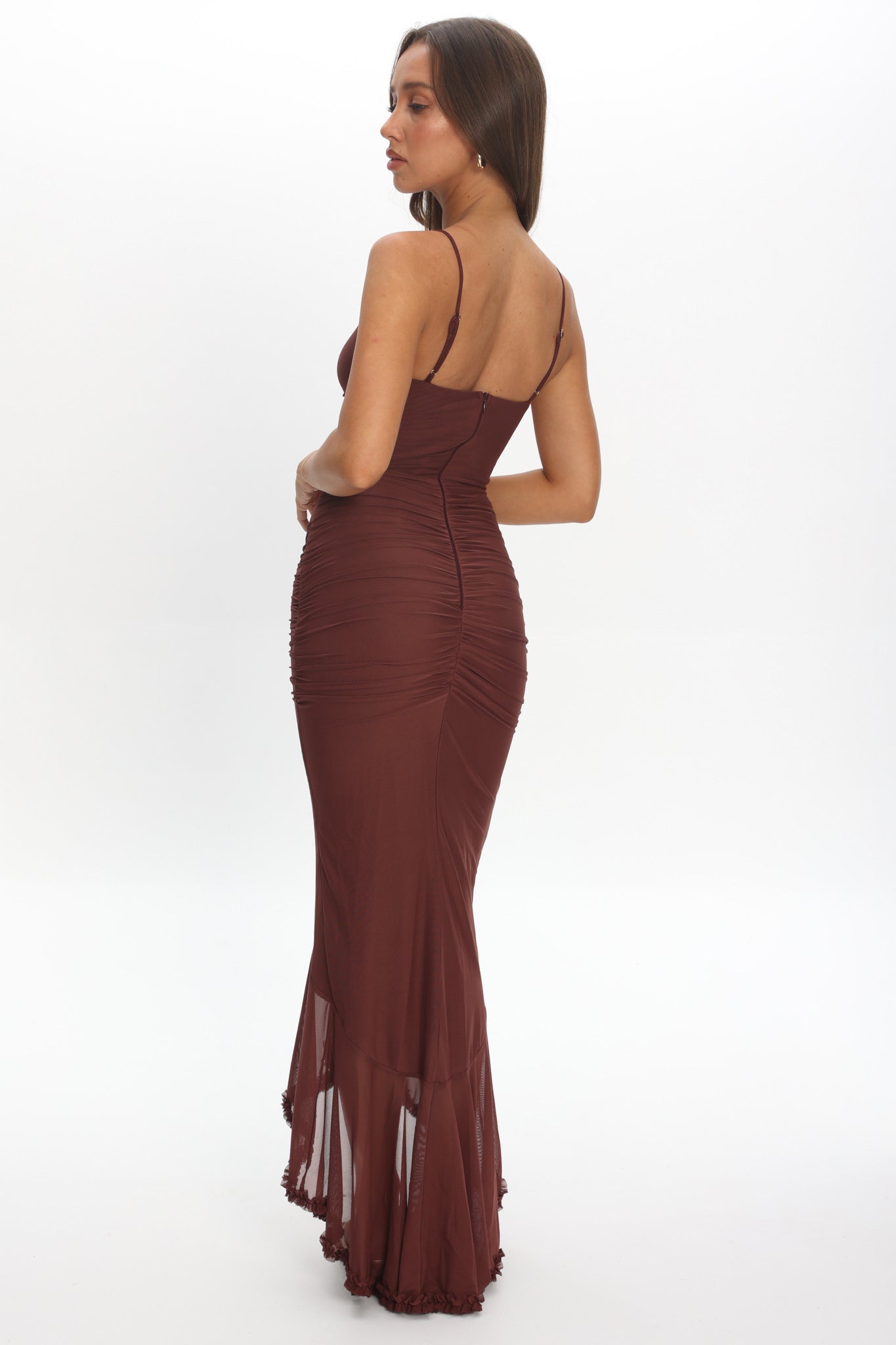 Kamilah Gathered Cascading Ruffle Midi Dress Maroon