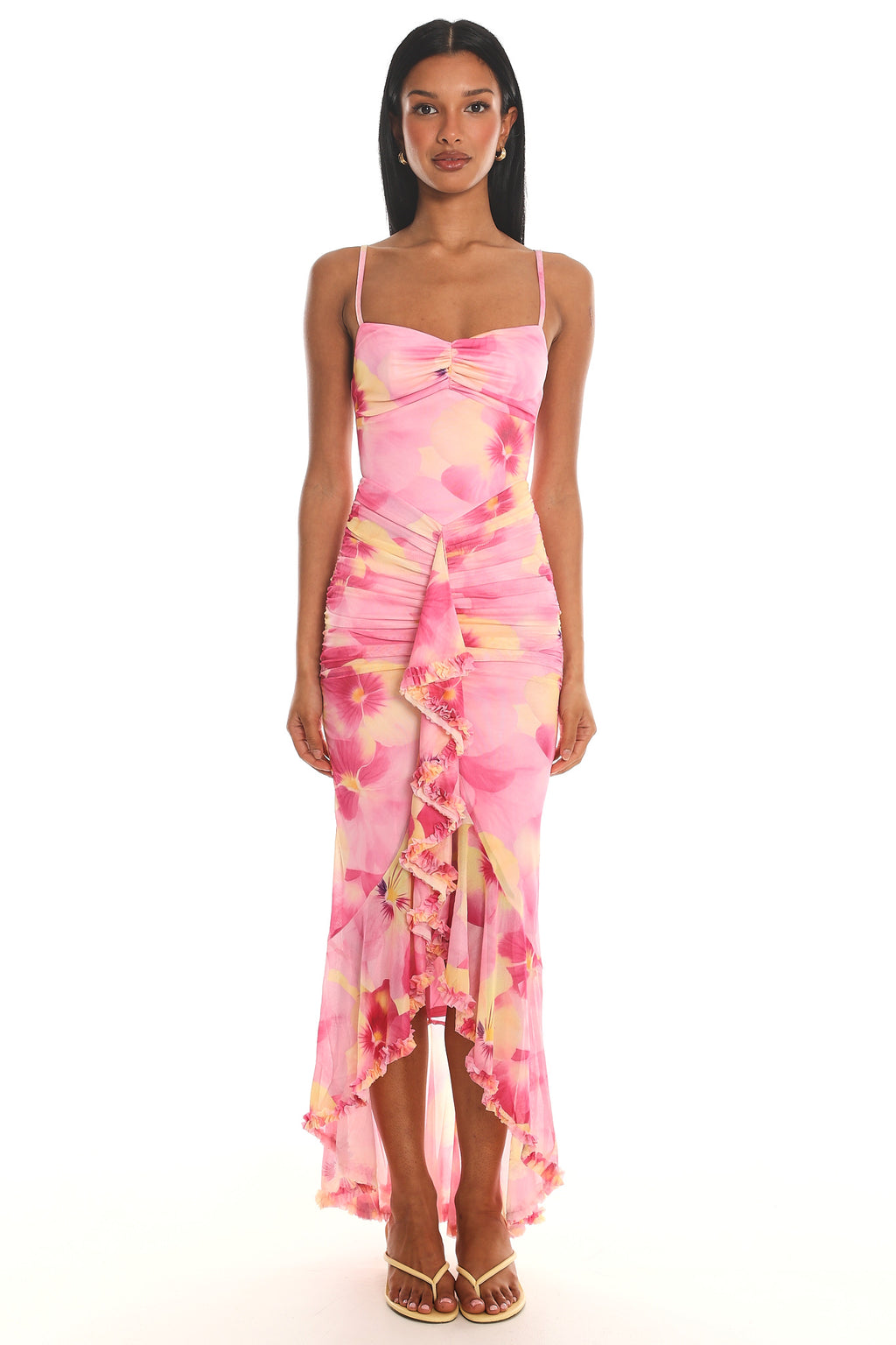 Kamilah Ruched Waist Ruffle Maxi Dress Print Pink by Selfie Leslie