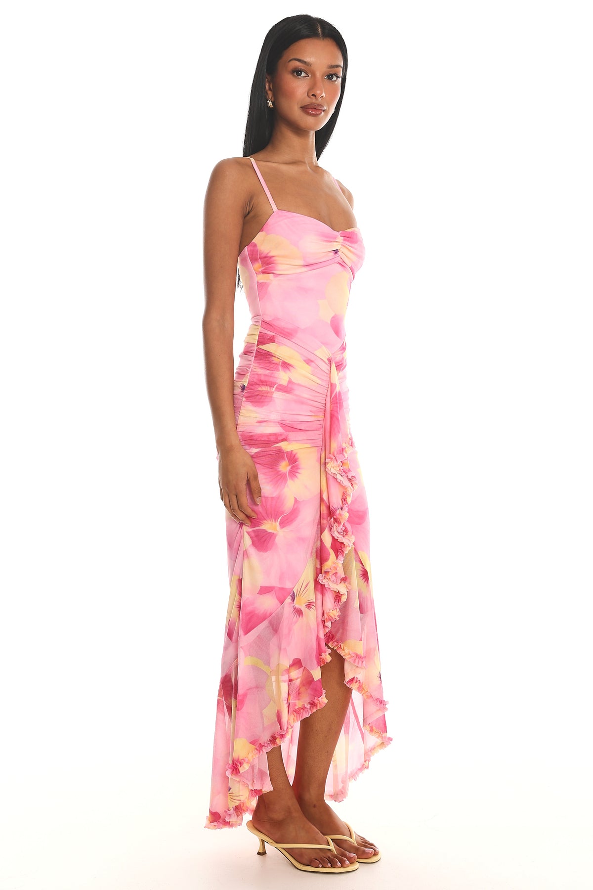 Kamilah Ruched Waist Ruffle Maxi Dress Print Pink by Selfie Leslie