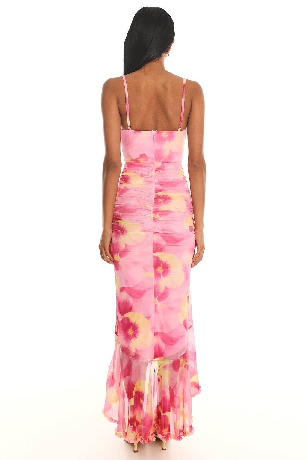 Kamilah Ruched Waist Ruffle Maxi Dress Print Pink by Selfie Leslie