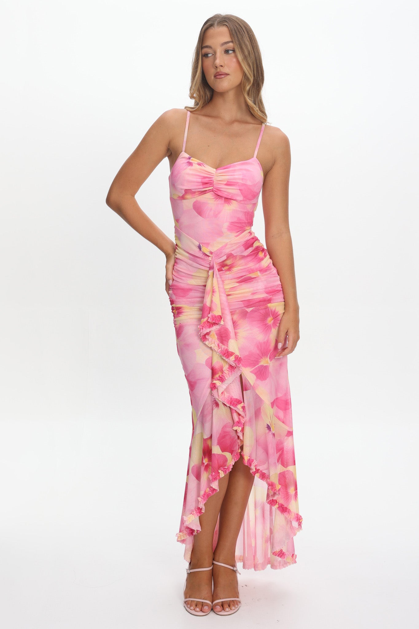Kamilah Ruched Waist Ruffle Maxi Dress Print Pink by Selfie Leslie