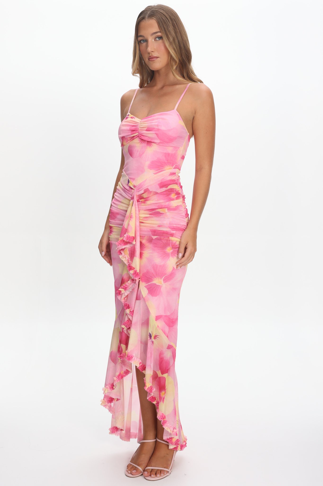 Kamilah Ruched Waist Ruffle Maxi Dress Print Pink by Selfie Leslie