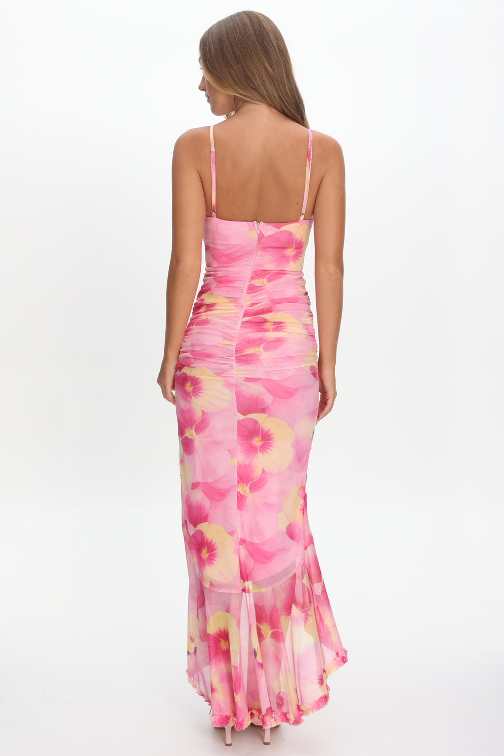 Kamilah Ruched Waist Ruffle Maxi Dress Print Pink by Selfie Leslie