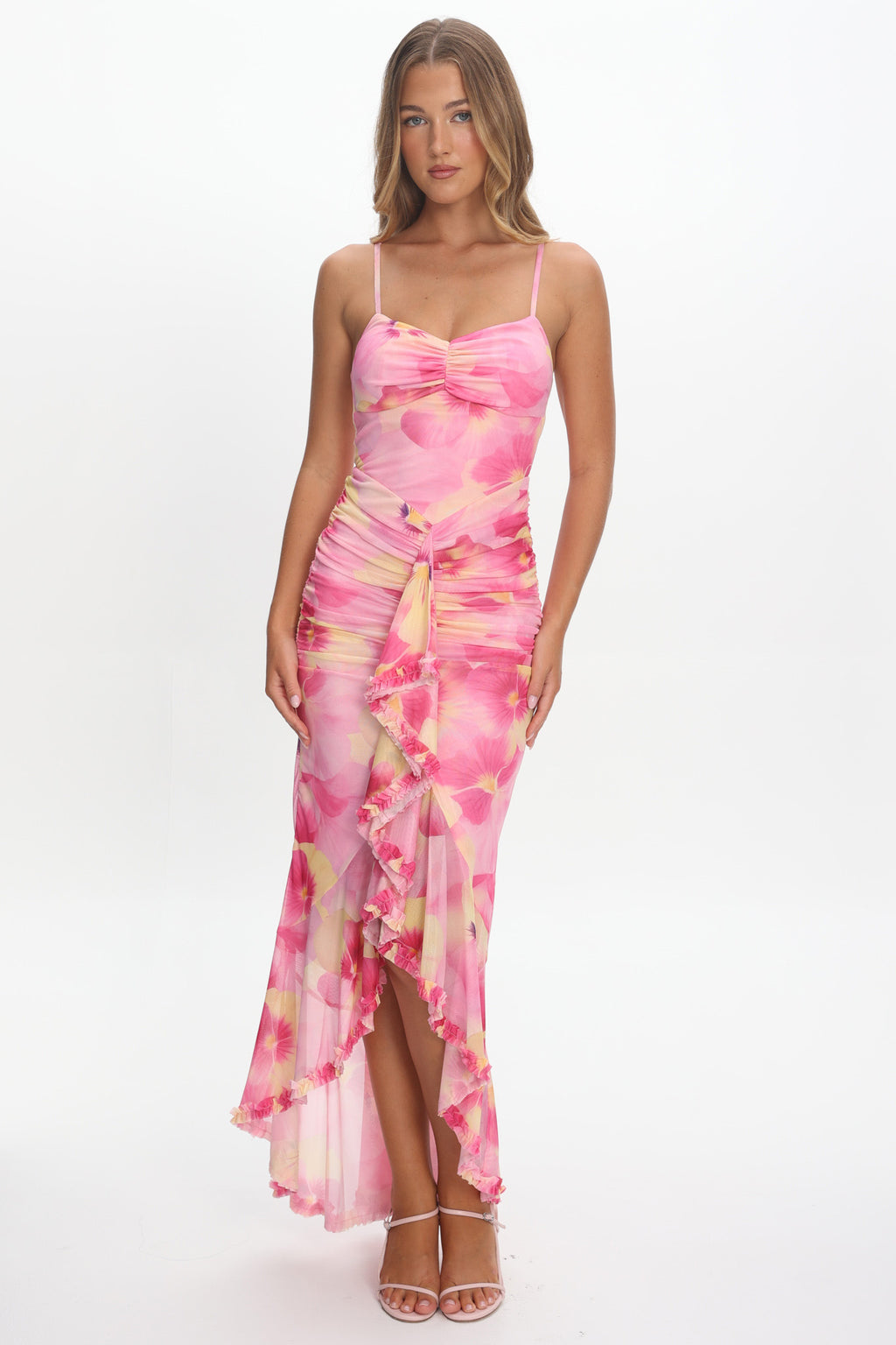 Kamilah Ruched Waist Ruffle Maxi Dress Print Pink by Selfie Leslie