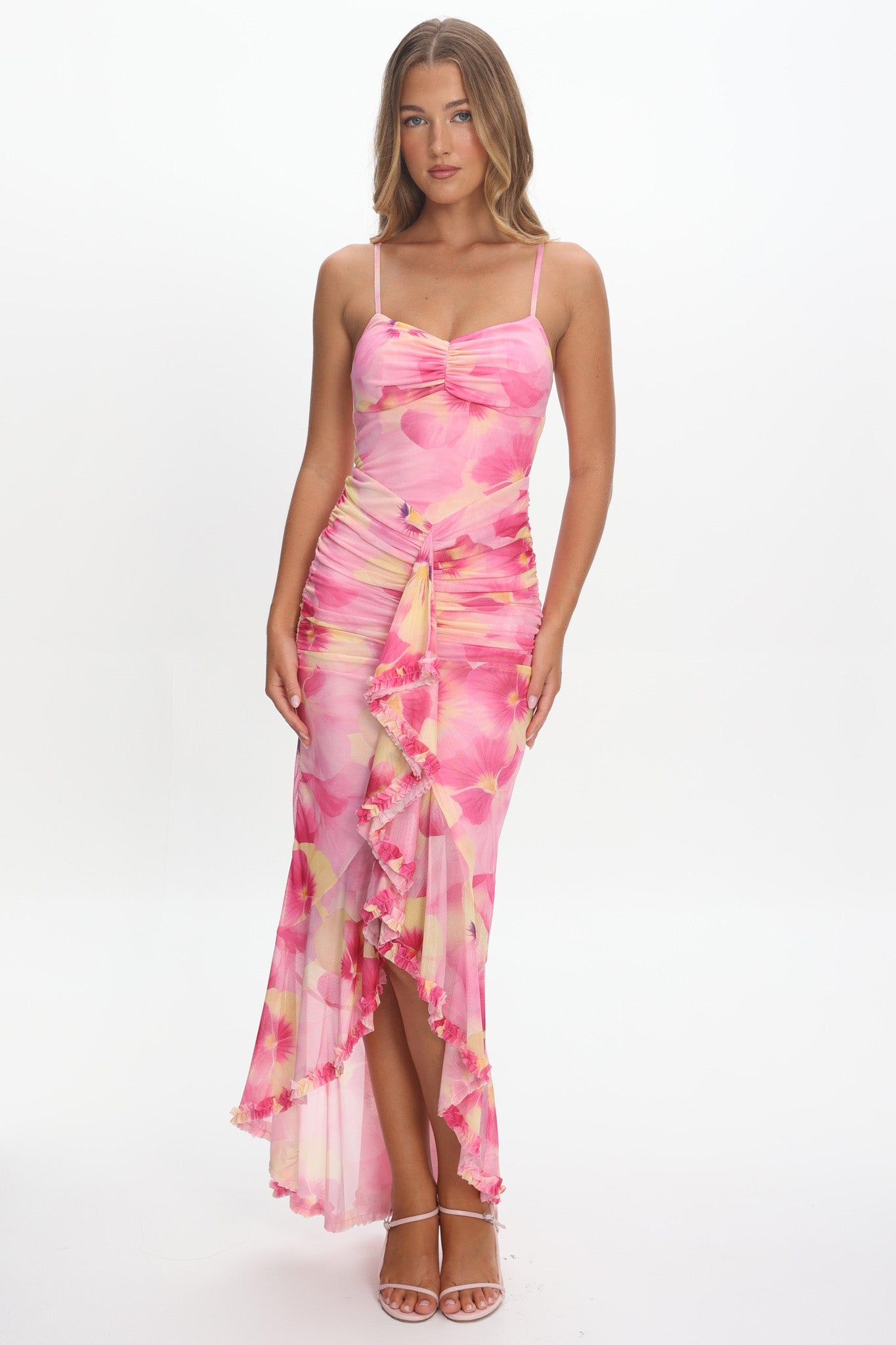 Kamilah Ruched Waist Ruffle Maxi Dress Print Pink by Selfie Leslie