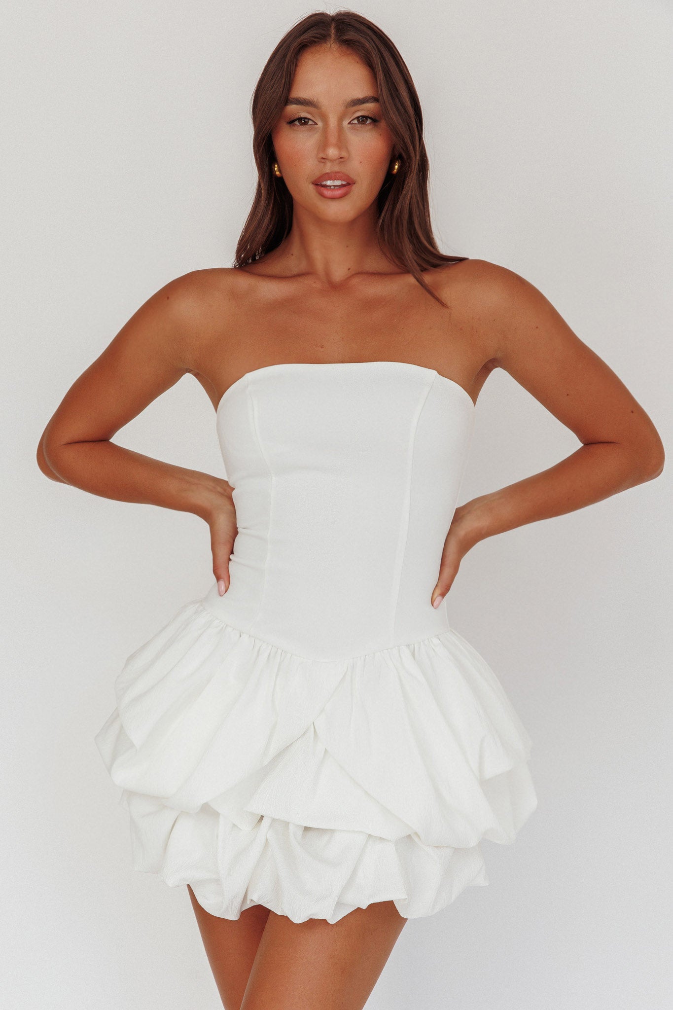 Nefiti Strapless Layered Bubble Hem Dress White by Selfie Leslie