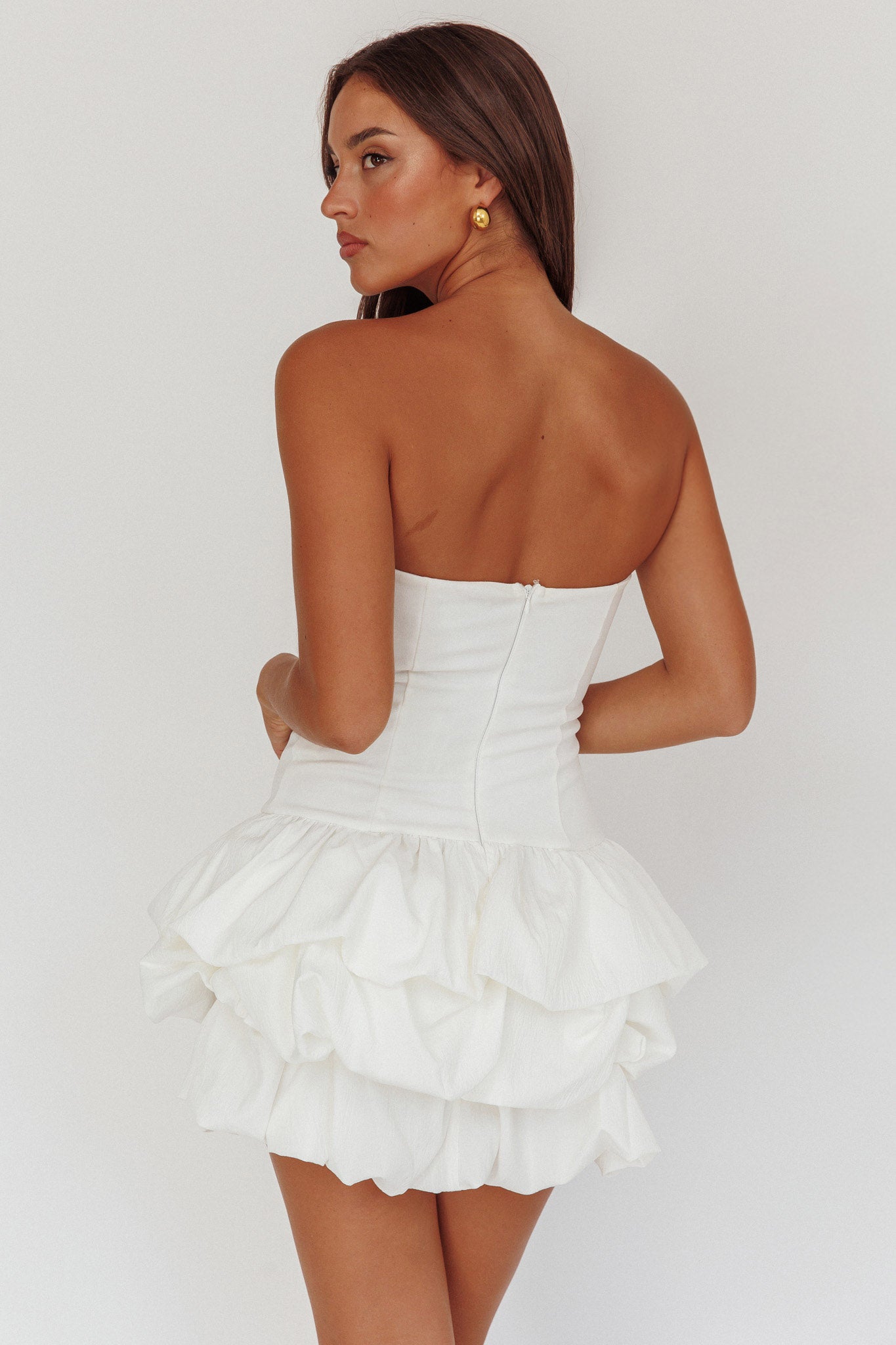 Nefiti Strapless Layered Bubble Hem Dress White by Selfie Leslie