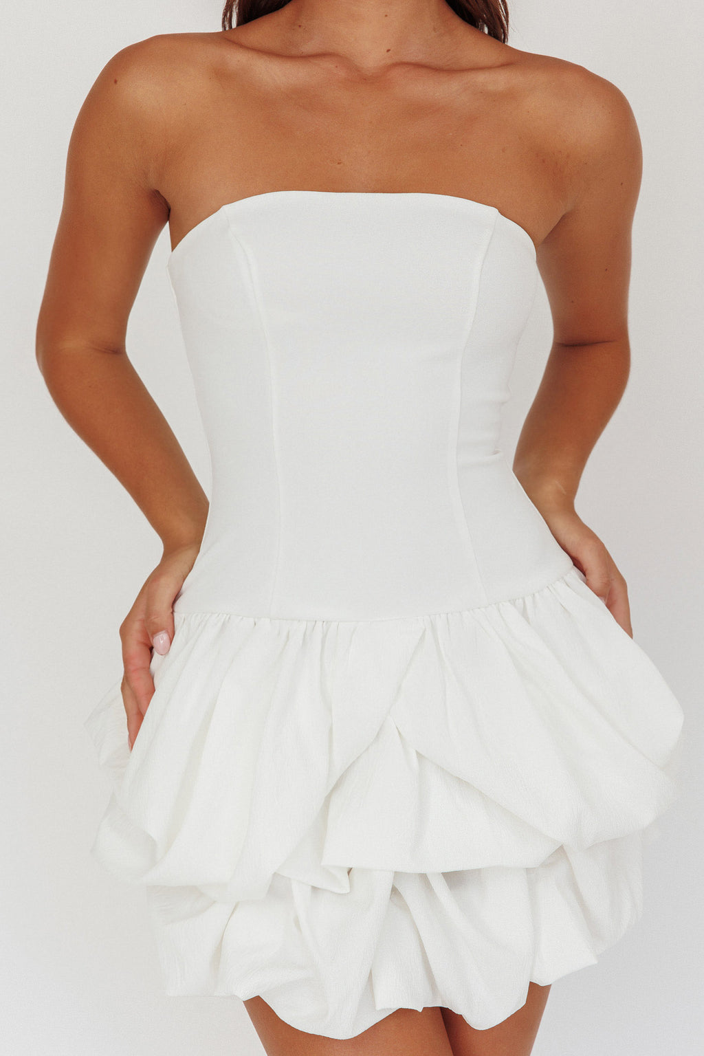 Nefiti Strapless Layered Bubble Hem Dress White by Selfie Leslie