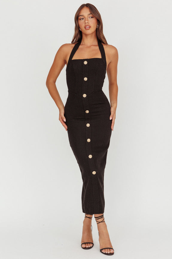 She Is Button Front Halter Midi Dress Tweed Black