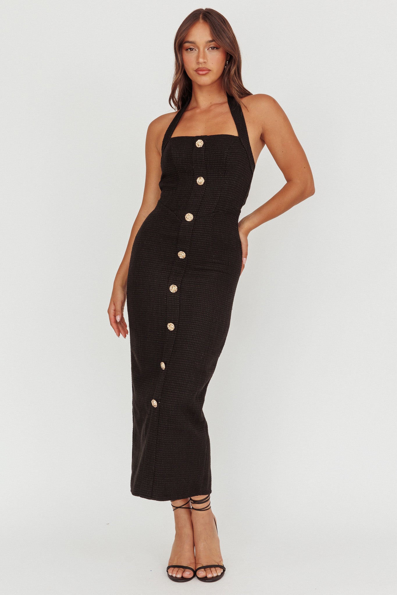 She Is Button Front Halter Midi Dress Tweed Black - L