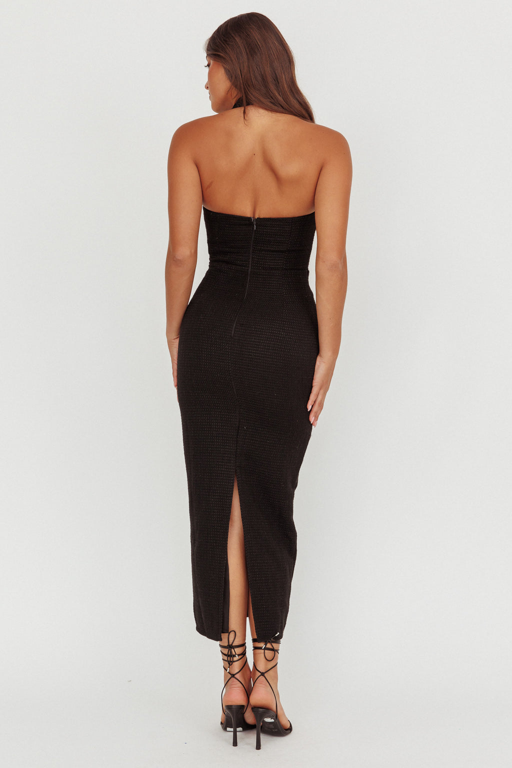 She Is Button Front Halter Midi Dress Tweed Black by Selfie Leslie